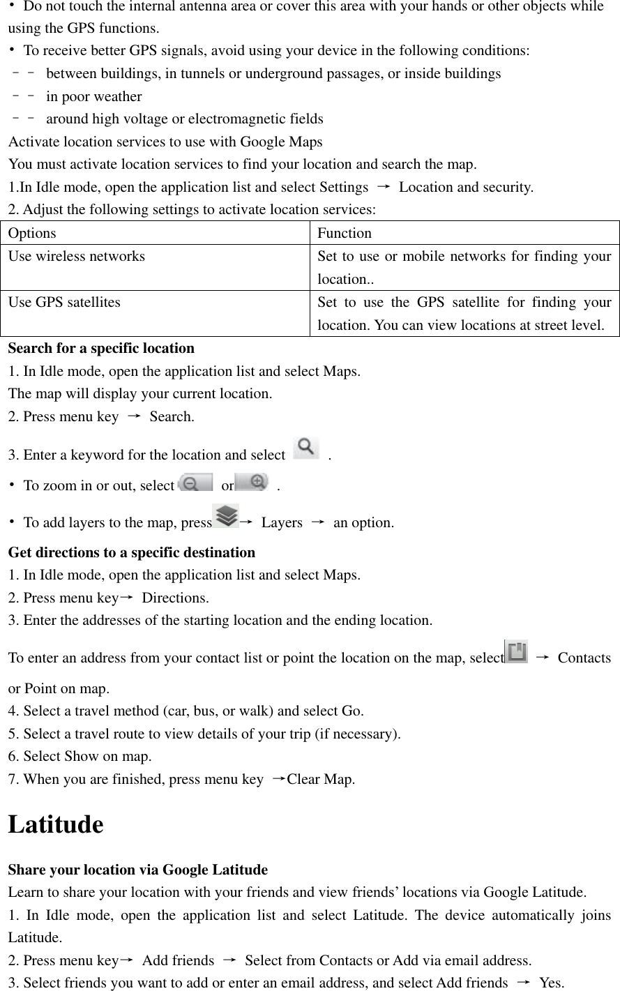  •  Do not touch the internal antenna area or cover this area with your hands or other objects while using the GPS functions. •  To receive better GPS signals, avoid using your device in the following conditions: ––  between buildings, in tunnels or underground passages, or inside buildings ––  in poor weather ––  around high voltage or electromagnetic fields Activate location services to use with Google Maps You must activate location services to find your location and search the map. 1.In Idle mode, open the application list and select Settings  →  Location and security. 2. Adjust the following settings to activate location services: Options Function Use wireless networks Set to use or mobile networks for finding your location.. Use GPS satellites Set  to  use  the  GPS  satellite  for  finding  your location. You can view locations at street level. Search for a specific location 1. In Idle mode, open the application list and select Maps. The map will display your current location. 2. Press menu key  →  Search. 3. Enter a keyword for the location and select    . •  To zoom in or out, select   or   . •  To add layers to the map, press →  Layers  → an option. Get directions to a specific destination 1. In Idle mode, open the application list and select Maps. 2. Press menu key→  Directions. 3. Enter the addresses of the starting location and the ending location. To enter an address from your contact list or point the location on the map, select   →  Contacts or Point on map. 4. Select a travel method (car, bus, or walk) and select Go. 5. Select a travel route to view details of your trip (if necessary). 6. Select Show on map. 7. When you are finished, press menu key  →Clear Map. Latitude Share your location via Google Latitude   Learn to share your location with your friends and view friends’ locations via Google Latitude. 1.  In  Idle  mode,  open  the  application  list  and  select  Latitude.  The  device  automatically  joins Latitude. 2. Press menu key→  Add friends  →  Select from Contacts or Add via email address. 3. Select friends you want to add or enter an email address, and select Add friends  →  Yes. 