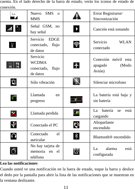 11cuenta. En el lado derecho de la barra de estado, verás los iconos de estado deconexión.Nuevo SMS oMMSError Registrarse/SincronizaciónSeñal GSM, nohay señal Canción está sonandoServicio EDGEconectado, flujode datosServicio WLANconectadoServicioWCDMAconectado, flujode datosConexión móvil estaapagado (ModoAvión)Sólo vibración Silenciar microfonoLlamada enprogresoLabateríaestábajaysin bateríaLlamada perdida La batería se está cargandoConectado el PC AltoparlanteencendidoConectado elauricular Bluetooth® encendidoNo hay tarjeta dememoria en elteléfonoLa alarma estáconfiguradaLea las notificacionesCuando usted ve una notificación en la barra de estado, toque la barra y desliceel dedo por la pantalla para abrir la lista de las notificaciones que se muestran enla ventana deslizante.