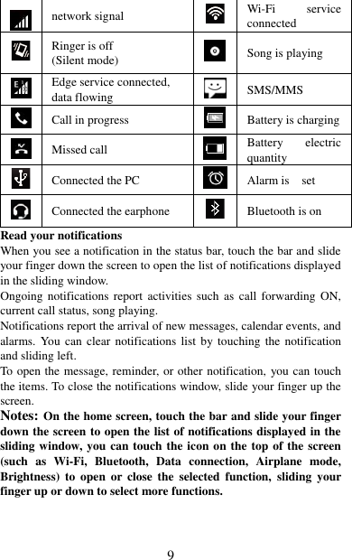   9  network signal  Wi-Fi  service connected  Ringer is off (Silent mode)  Song is playing    Edge service connected, data flowing  SMS/MMS  Call in progress  Battery is charging  Missed call  Battery  electric quantity  Connected the PC  Alarm is    set  Connected the earphone  Bluetooth is on Read your notifications   When you see a notification in the status bar, touch the bar and slide your finger down the screen to open the list of notifications displayed in the sliding window.   Ongoing notifications  report  activities  such  as  call  forwarding  ON, current call status, song playing.   Notifications report the arrival of new messages, calendar events, and alarms. You can clear notifications  list  by touching the  notification and sliding left.   To open the message, reminder, or other notification, you can touch the items. To close the notifications window, slide your finger up the screen.   Notes: On the home screen, touch the bar and slide your finger down the screen to open the list of notifications displayed in the sliding window, you can touch the icon on the top of the screen (such  as  Wi-Fi,  Bluetooth,  Data  connection,  Airplane  mode, Brightness)  to  open  or  close  the  selected  function,  sliding  your finger up or down to select more functions.   