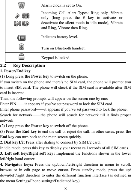  8  Alarm clock is set to On.  Incoming  Call  Alert  Types:  Ring  only,  Vibrate only  (long  press  the  #  key  to  activate  or deactivate the silent mode in idle mode), Vibrate and Ring, Vibrate then Ring.  Indicates battery level.  Turn on Bluetooth handset.  Keypad is locked. 2.2 Key Description 1. Power/End key (1) Long press the Power key to switch on the phone. If you switch on the phone and there’s no SIM card, the phone will prompt you to insert SIM card. The phone will check if the SIM card is available after SIM card is inserted. Then, the following prompts will appear on the screen one by one: Enter PIN——it appears if you’ve set password to lock the SIM card. Enter phone password——it appears if you’ve set password to lock the phone. Search  for  network——the  phone  will  search  for  network  till  it  finds  proper network (2) Long press the Power key to switch off the phone. (3) Press the End key to end the call or reject the call; in other cases, press the End key can turn back to the main screen quickly. 2. Dial key1/2: Press after dialing to connect by SIM1/2 card. In idle mode, press this key to display your recent call records of all SIM cards. 3. Left soft key/Right soft key: Implement the functions shown  in the lower left/right hand corner. 4.  Navigator  keys:  Press  the  up/down/left/right  direction  in  menu  to  scroll, browse  or  in  edit  page  to  move  cursor.  From  standby  mode,  press  the  up/ down/left/right direction to enter the different function interface (as defined in the menu Settings/Phone settings/Dedicated key). 