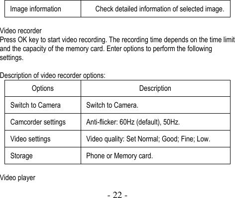  - 22 -  Image information Check detailed information of selected image.    Video recorder Press OK key to start video recording. The recording time depends on the time limit and the capacity of the memory card. Enter options to perform the following settings.  Description of video recorder options: Options Description Switch to Camera Switch to Camera. Camcorder settings Anti-flicker: 60Hz (default), 50Hz. Video settings Video quality: Set Normal; Good; Fine; Low. Storage Phone or Memory card.  Video player 