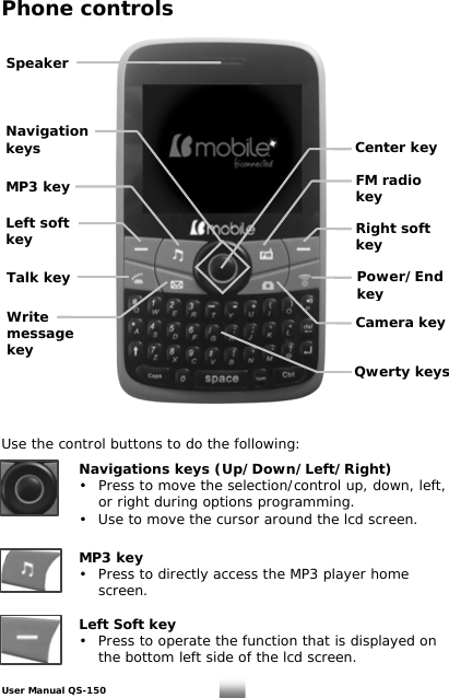 Phone controls                         Navigation keys MP3 key Left soft key Talk key Qwerty keys Write message key Center key FM radio key Power/End key Camera key Right soft key Speaker   Use the control buttons to do the following:   Navigations keys (Up/Down/Left/Right)    •  Press to move the selection/control up, down, left,      or right during options programming.     •  Use to move the cursor around the lcd screen.    MP3 key    •  Press to directly access the MP3 player home    screen.        Left Soft key    •  Press to operate the function that is displayed on      the bottom left side of the lcd screen.  User Manual QS-150   4 