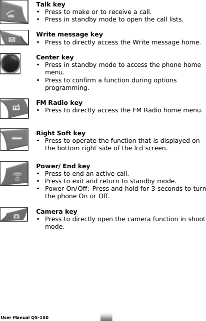  Talk key      •  Press to make or to receive a call.   •  Press in standby mode to open the call lists.    Write message key      •  Press to directly access the Write message home.     Center key      •  Press in standby mode to access the phone home      menu.     •  Press to confirm a function during options      programming.      FM Radio key      •  Press to directly access the FM Radio home menu.     Right Soft key      •  Press to operate the function that is displayed on      the bottom right side of the lcd screen.   Power/End key      •  Press to end an active call.   •  Press to exit and return to standby mode.   •  Power On/Off: Press and hold for 3 seconds to turn      the phone On or Off.   Camera key      •  Press to directly open the camera function in shoot    mode.             User Manual QS-150   5 