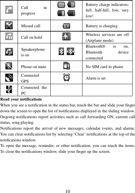  10  Call in progress   Battery charge indicators: full, half-full, low, very low!  Missed call   Battery is charging  Call on hold   Wireless services are off (Airplane mode)  Speakerphone is on   Bluetooth® is on, Bluetooth device connected  Phone on mute  No SIM card in phone  Connected GPS   Alarm is set  Connected the PC    Read your notifications  When you see a notification in the status bar, touch the bar and slide your finger down the screen to open the list of notifications displayed in the sliding window.  Ongoing notifications report activities such as call forwarding ON, current call status, song playing.  Notifications report the arrival of new messages, calendar events, and alarms. You can clear notifications list by selecting ‘Clear’ notifications at the top of the notifications window.  To open the message, reminder, or other notification, you can touch the items. To close the notifications window, slide your finger up the screen.      