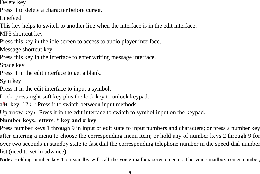 -9- Delete key Press it to delete a character before cursor. Linefeed This key helps to switch to another line when the interface is in the edit interface. MP3 shortcut key Press this key in the idle screen to access to audio player interface. Message shortcut key Press this key in the interface to enter writing message interface. Space key Press it in the edit interface to get a blank. Sym key Press it in the edit interface to input a symbol. Lock: press right soft key plus the lock key to unlock keypad. a key（2）: Press it to switch between input methods. Up arrow key：Press it in the edit interface to switch to symbol input on the keypad. Number keys, letters, * key and # key Press number keys 1 through 9 in input or edit state to input numbers and characters; or press a number key after entering a menu to choose the corresponding menu item; or hold any of number keys 2 through 9 for over two seconds in standby state to fast dial the corresponding telephone number in the speed-dial number list (need to set in advance). Note: Holding number key 1 on standby will call the voice mailbox service center. The voice mailbox center number, 