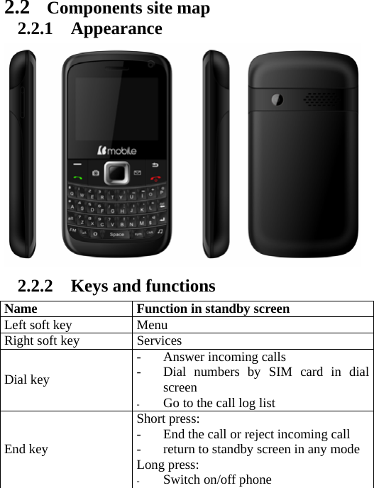 2.2 Components site map 2.2.1 Appearance    2.2.2 Keys and functions Name  Function in standby screen Left soft key    Menu Right soft key  Services      Dial key   - Answer incoming calls - Dial numbers by SIM card in dial screen - Go to the call log list   End key   Short press:   - End the call or reject incoming call - return to standby screen in any modeLong press:   - Switch on/off phone   