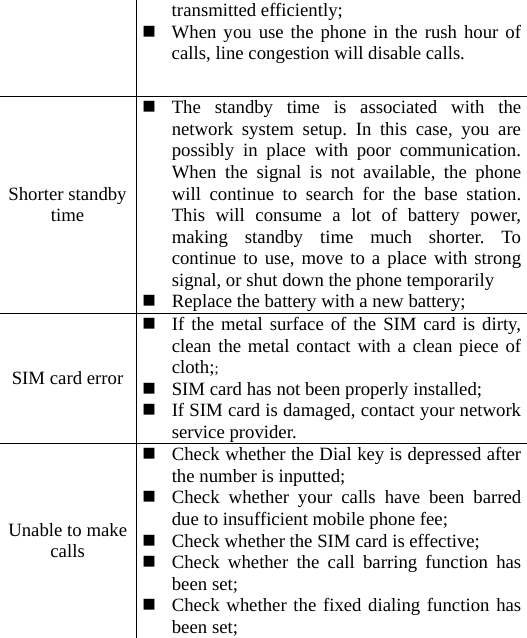   transmitted efficiently;  When you use the phone in the rush hour of calls, line congestion will disable calls. Shorter standby time   The standby time is associated with the network system setup. In this case, you are possibly in place with poor communication. When the signal is not available, the phone will continue to search for the base station. This will consume a lot of battery power, making standby time much shorter. To continue to use, move to a place with strong signal, or shut down the phone temporarily  Replace the battery with a new battery; SIM card error  If the metal surface of the SIM card is dirty, clean the metal contact with a clean piece of cloth;;  SIM card has not been properly installed;  If SIM card is damaged, contact your network service provider. Unable to make calls   Check whether the Dial key is depressed after the number is inputted;  Check whether your calls have been barred due to insufficient mobile phone fee;  Check whether the SIM card is effective;  Check whether the call barring function has been set;  Check whether the fixed dialing function has been set;   