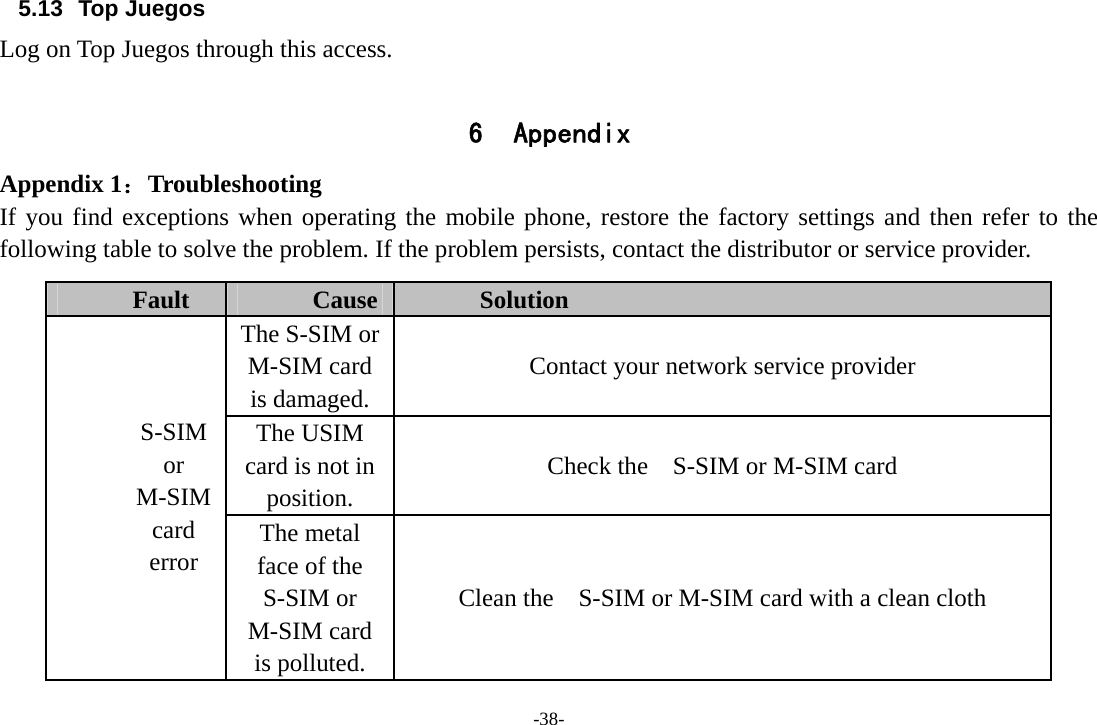 -38- 5.13 Top Juegos Log on Top Juegos through this access.  6 Appendix Appendix 1：Troubleshooting If you find exceptions when operating the mobile phone, restore the factory settings and then refer to the following table to solve the problem. If the problem persists, contact the distributor or service provider. Fault  Cause  Solution The S-SIM or M-SIM card is damaged. Contact your network service provider The USIM card is not in position. Check the    S-SIM or M-SIM card S-SIM or M-SIM  card error  The metal face of the S-SIM or M-SIM card is polluted. Clean the    S-SIM or M-SIM card with a clean cloth 