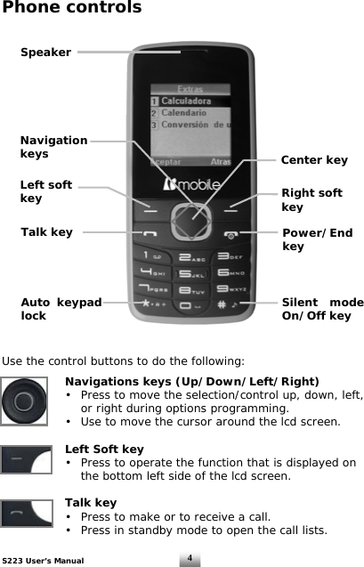 S223 User’s Manual  4Phone controls                           Use the control buttons to do the following:   Navigations keys (Up/Down/Left/Right)    •  Press to move the selection/control up, down, left,      or right during options programming.     •  Use to move the cursor around the lcd screen.    Left Soft key    •  Press to operate the function that is displayed on      the bottom left side of the lcd screen.    Talk key      •  Press to make or to receive a call.   •  Press in standby mode to open the call lists. Speaker Navigation keys Left soft key Talk key Auto keypad lock Center key Right soft key Power/End key Silent mode On/Off key 