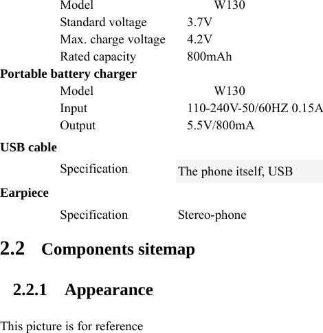  Model  W130  Model  W130  Standard voltage 3.7V   Max. charge voltage  4.2V  Rated capacity 800mAh Portable battery charger  Input  110-240V-50/60HZ 0.15A  Output  5.5V/800mA USB cable  Specification The phone itself, USB Earpiece  Specification Stereo-phone 2.2 Components sitemap 2.2.1 Appearance   This picture is for reference 