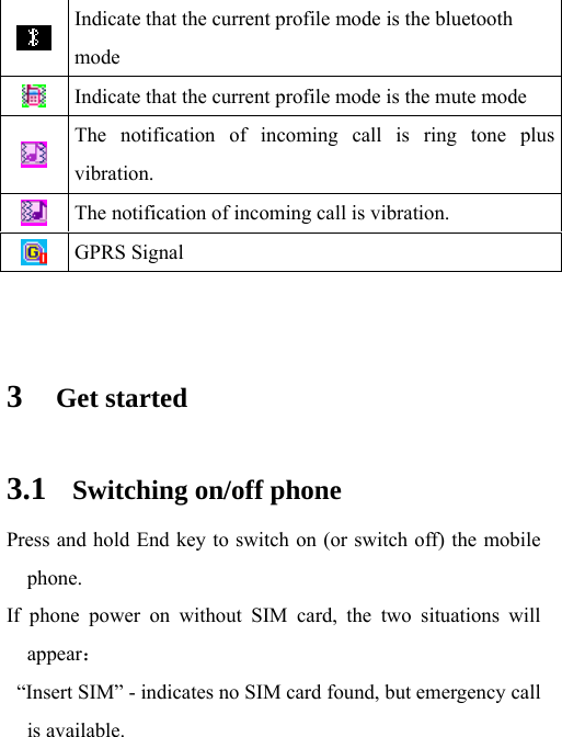  Indicate that the current profile mode is the bluetooth mode  Indicate that the current profile mode is the mute mode  The notification of incoming call is ring tone plus vibration.  The notification of incoming call is vibration.  GPRS Signal   3 Get started 3.1 Switching on/off phone Press and hold End key to switch on (or switch off) the mobile phone.  If phone power on without SIM card, the two situations will appear：   “Insert SIM” - indicates no SIM card found, but emergency call is available.  