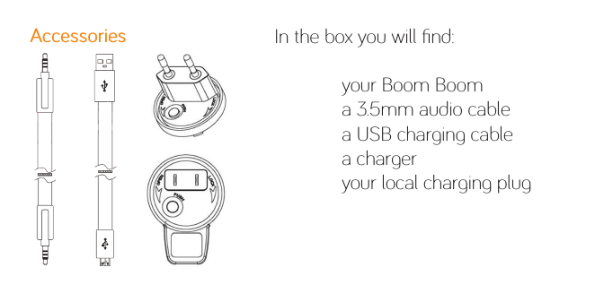 Accessories In the box you will ﬁnd:  your Boom Boom  a 3.5mm audio cable  a USB charging cable  a charger  your local charging plug 