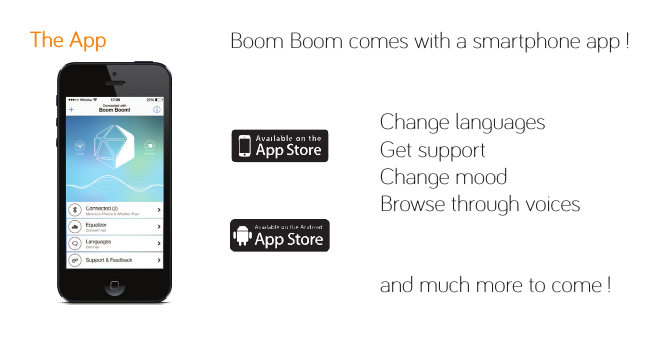 The App Boom Boom comes with a smartphone app !  Change languages  Get support  Change mood    Browse through voices    and much more to come !
