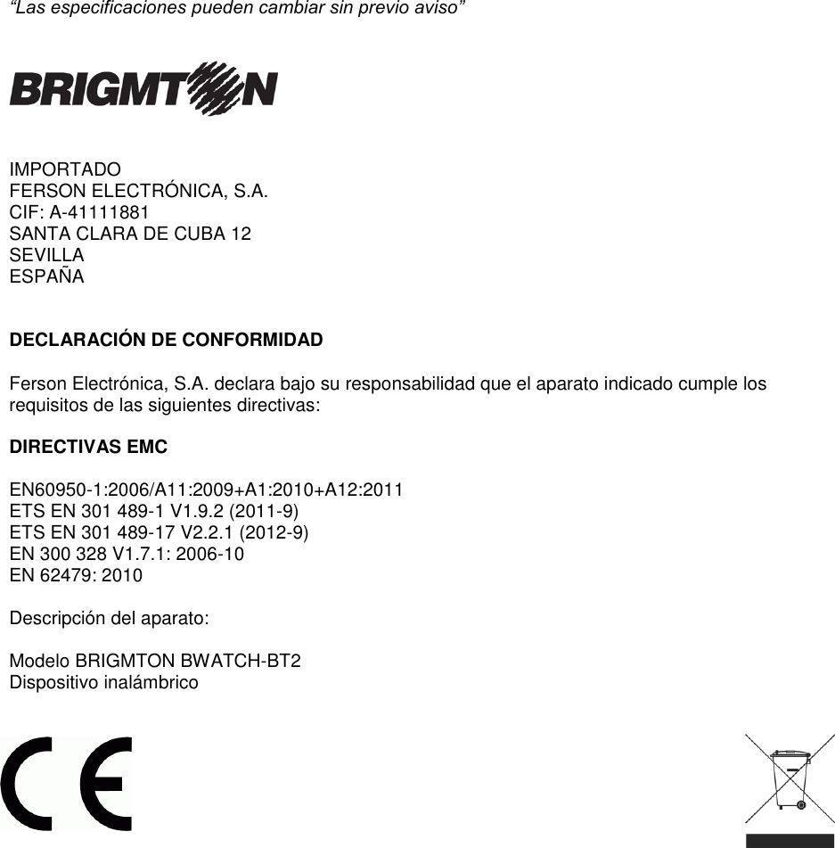 Brigmton BCD 501 BWATCH BT2 B N User Guide IM BT2BN ML