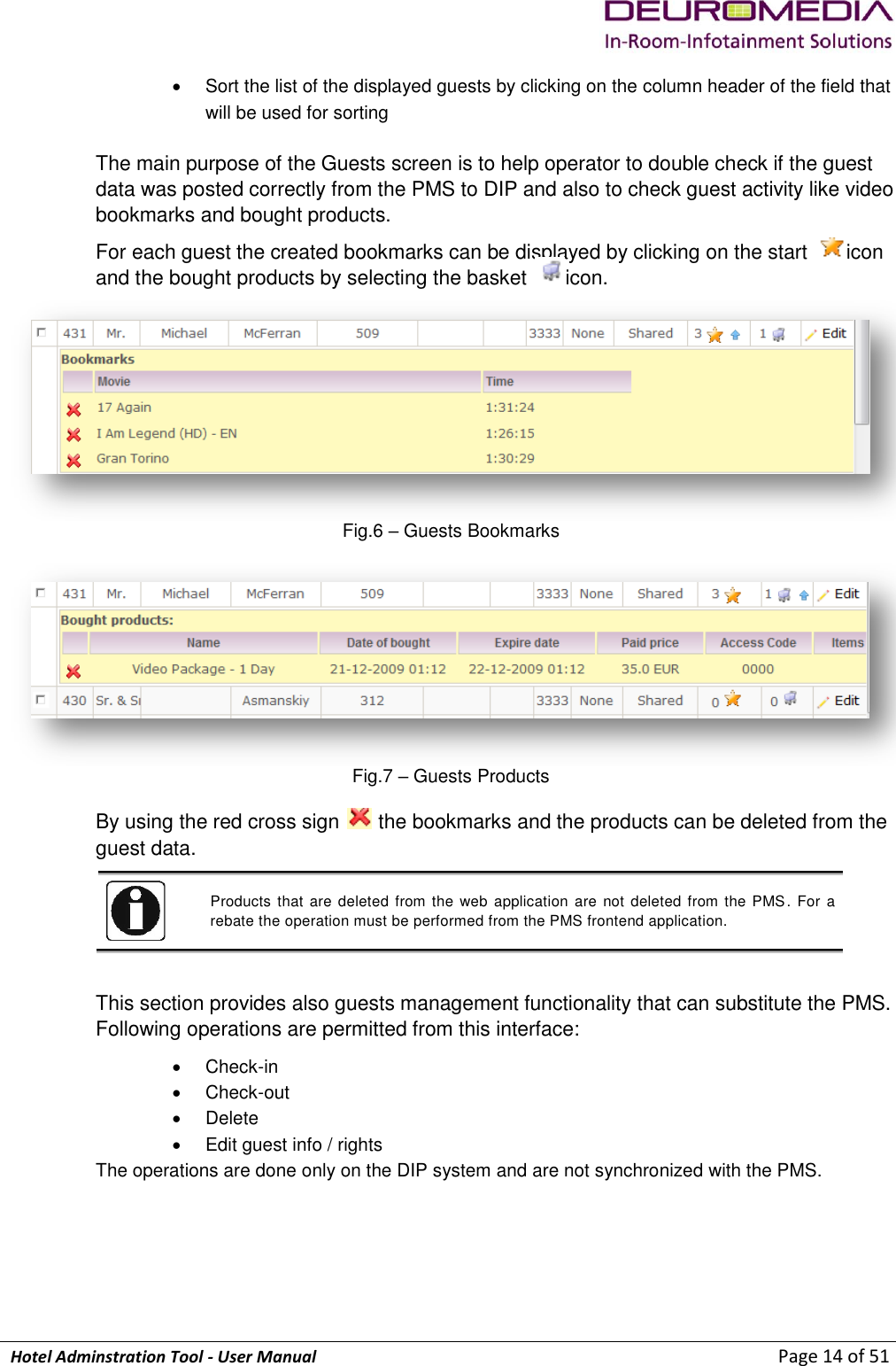             Hotel Adminstration Tool - User Manual                        Page 14 of 51   Sort the list of the displayed guests by clicking on the column header of the field that will be used for sorting  The main purpose of the Guests screen is to help operator to double check if the guest data was posted correctly from the PMS to DIP and also to check guest activity like video bookmarks and bought products.  For each guest the created bookmarks can be displayed by clicking on the start  icon and the bought products by selecting the basket  icon.  Fig.6 – Guests Bookmarks  Fig.7 – Guests Products By using the red cross sign   the bookmarks and the products can be deleted from the guest data.  Products that are deleted from the web application are not deleted from the PMS . For a rebate the operation must be performed from the PMS frontend application.  This section provides also guests management functionality that can substitute the PMS. Following operations are permitted from this interface:   Check-in   Check-out   Delete   Edit guest info / rights The operations are done only on the DIP system and are not synchronized with the PMS. 