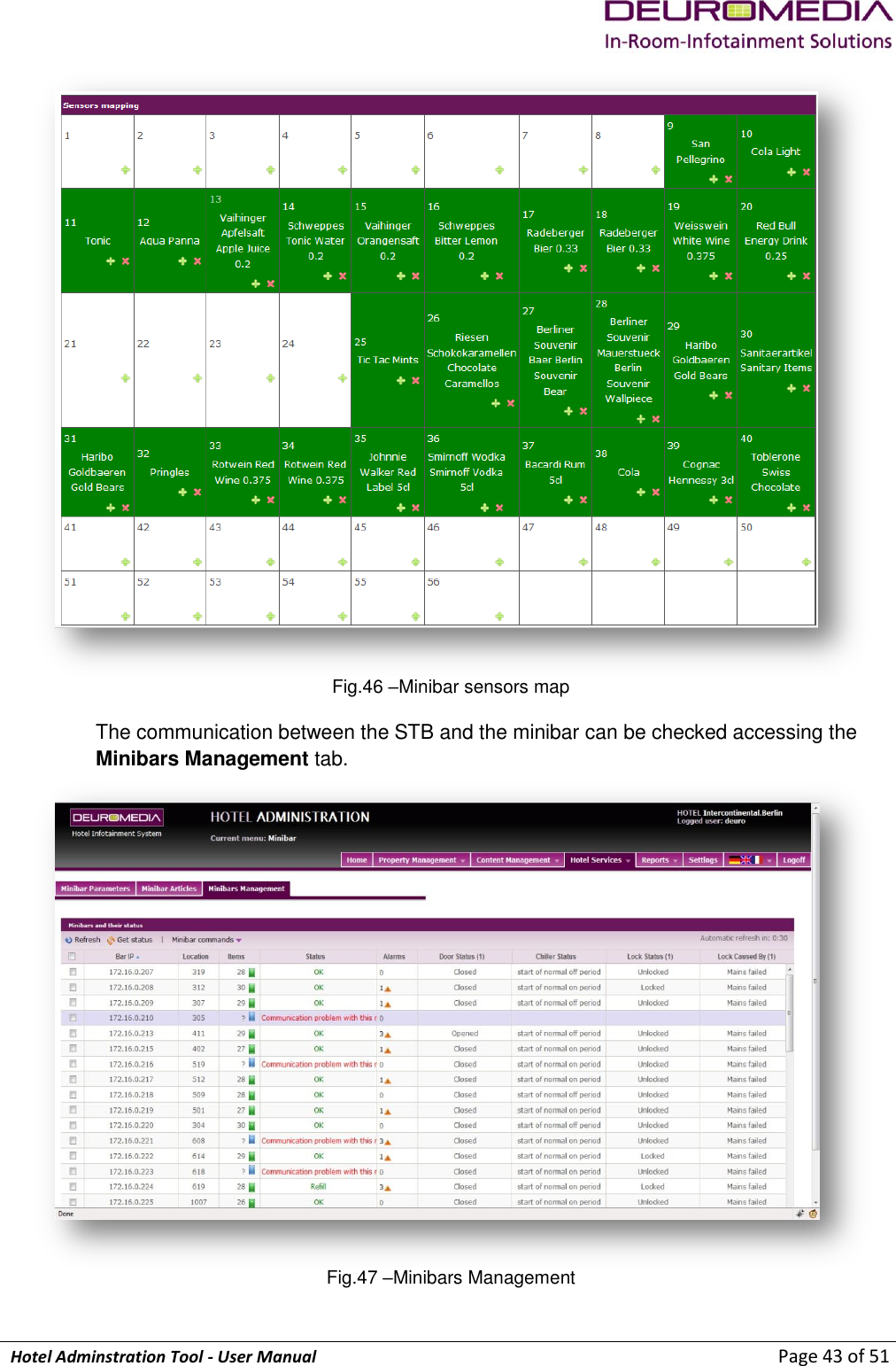             Hotel Adminstration Tool - User Manual                        Page 43 of 51  Fig.46 –Minibar sensors map The communication between the STB and the minibar can be checked accessing the Minibars Management tab.  Fig.47 –Minibars Management 