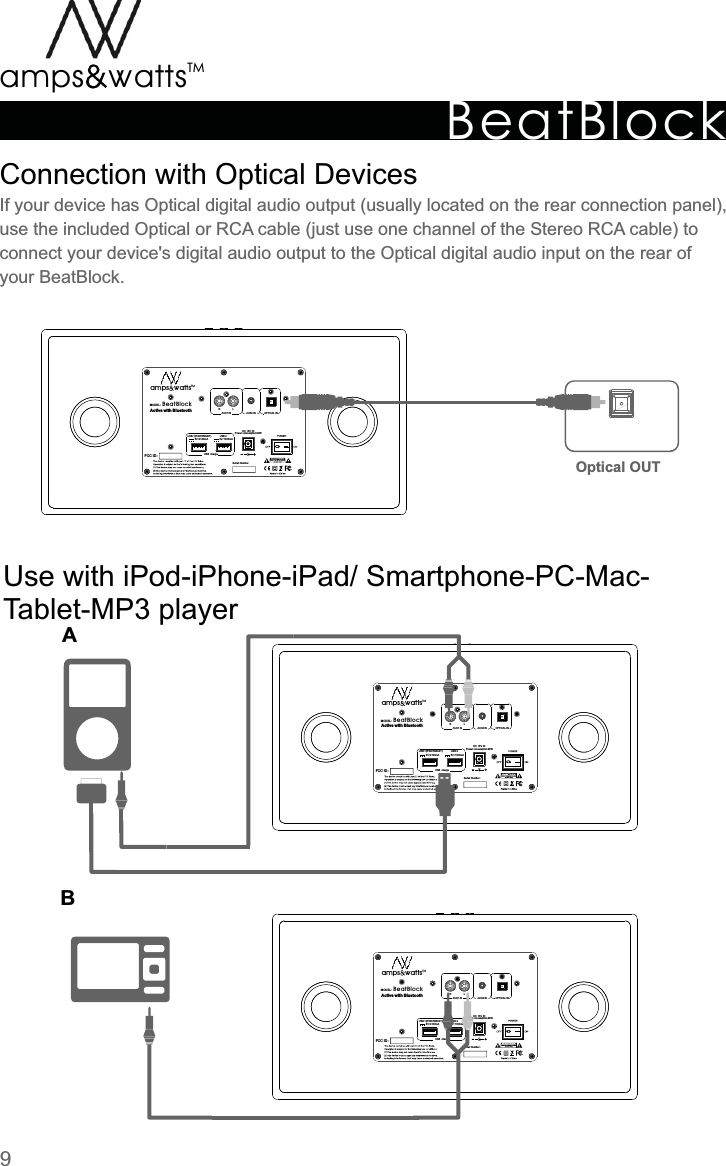 Serial Number:DC 16V INPower  consumption 90WActive  with  Bluetooth OPTICAL IN RLAUX1 IN AUX2 INUSB chargeUSB 1(iPAD/TABLET)5V/2100mAUSB 25V/1000mABeatBlockMODEL:TMamps attsvvFCC ID:DC 16V INPower  consumption 90WActive  with  Bluetooth OPTICAL IN RLAUX1 IN AUX2 INUSB chargeUSB 1(iPAD/TABLET)5V/2100mAUSB 25V/1000mABeatBlockMODEL:TMamps attsvvFCC ID:DC 16V INPower  consumption 90WActive  with  Bluetooth OPTICAL IN RLAUX1 IN AUX2 INUSB chargeUSB 1(iPAD/TABLET)5V/2100mAUSB 25V/1000mABeatBlockMODEL:TMamps attsvvFCC ID:BeatBlockTMamps attsvvABUse  with  iPod-iPhone-iPad/  Smartphone-PC-Mac-Tablet-MP3  playerIf  your  device  has  Optical  digital  audio  output  (usually  located  on  the  rear  connection  panel), use  the  included  Optical  or  RCA  cable  (just  use  one  channel  of  the  Stereo  RCA  cable)  to connect  your  device&apos;s  digital  audio  output  to  the  Optical  digital  audio  input  on  the  rear  of your  BeatBlock.Connection  with  Optical  DevicesOptical OUT9Serial Number:Serial Number: