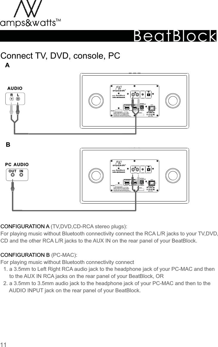 Serial Number:Serial Number:DC 16V INPower  consumption 90WActive  with  Bluetooth OPTICAL IN RLAUX1 IN AUX2 INUSB chargeUSB 1(iPAD/TABLET)5V/2100mAUSB 25V/1000mABeatBlockMODEL:TMamps attsvvFCC ID:DC 16V INPower  consumption 90WActive  with  Bluetooth OPTICAL IN RLAUX1 IN AUX2 INUSB chargeUSB 1(iPAD/TABLET)5V/2100mAUSB 25V/1000mABeatBlockMODEL:TMamps attsvvFCC ID:BeatBlockTMamps attsvvAAUDIORLPC AUDIOOUT INBConnect  TV,  DVD,  console,  PCCONFIGURATION  ACONFIGURATION  B  (TV,DVD,CD-RCA  stereo  plugs):For  playing  music  without  Bluetooth  connectivity  connect  the  RCA  L/R  jacks  to  your  TV,DVD,CD  and  the  other  RCA  L/R  jacks  to  the  AUX  IN  on  the  rear  panel  of  your  BeatBlock.   (PC-MAC):For  playing  music  without  Bluetooth  connectivity  connect     1.  a  3.5mm  to  Left  Right  RCA  audio  jack  to  the  headphone  jack  of  your  PC-MAC  and  then             to  the  AUX  IN  RCA  jacks  on  the  rear  panel  of  your  BeatBlock,  OR    2.  a  3.5mm  to  3.5mm  audio  jack  to  the  headphone  jack  of  your  PC-MAC  and  then  to  the             AUDIO  INPUT  jack  on  the  rear  panel  of  your  BeatBlock. 11