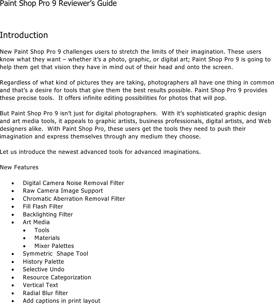 Page 2 of 9 - Corel Paint Shop Pro 9 - 9.0 Reviewer's Guide RG EN