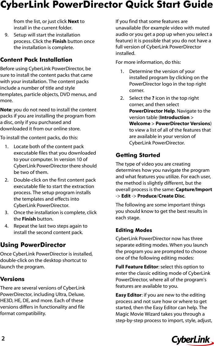 Page 2 of 6 - Cyberlink QuickStart Power Director - 10.0 Quick Start Guide 10 Qsg
