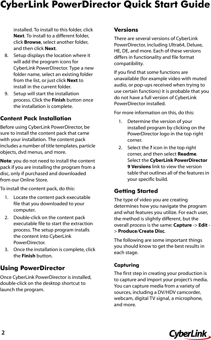 Page 2 of 6 - Cyberlink QuickStart Power Director - 9.0 Quick Start Guide 9