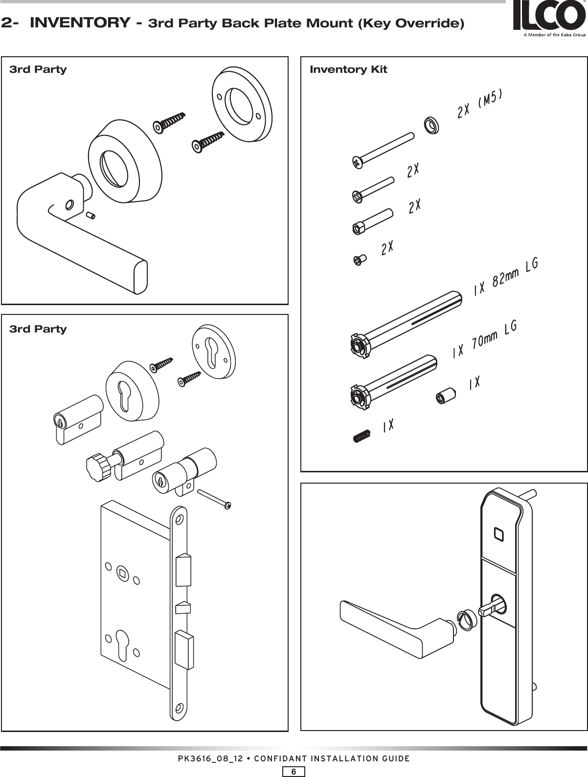 PK3616_08_12 • CONFIDANT INSTALLATION GUIDE62-  INVENTORY -  3rd Party Back Plate Mount (Key Override)3rd Party Inventory Kit3rd Party