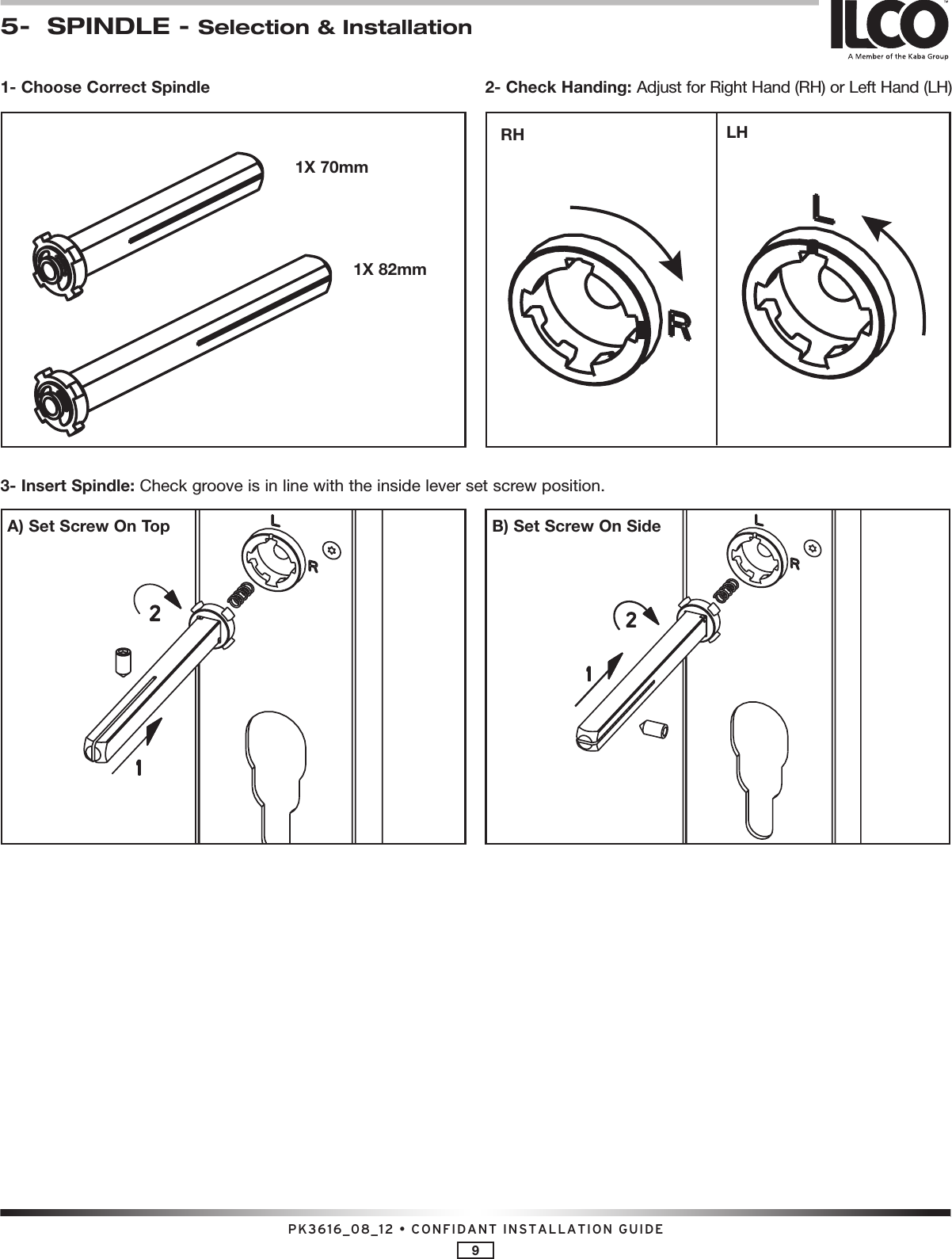 PK3616_08_12 • CONFIDANT INSTALLATION GUIDE95-  SPINDLE - Selection &amp; Installation1- Choose Correct Spindle 2- Check Handing: Adjust for Right Hand (RH) or Left Hand (LH)3- Insert Spindle: Check groove is in line with the inside lever set screw position.RH LHA) Set Screw On Top B) Set Screw On Side1X 70mm1X 82mm