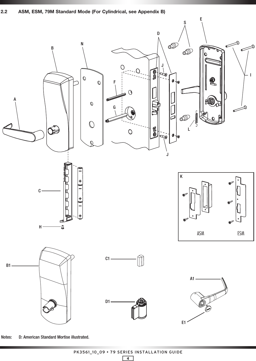 PK3561_10_09 • 79 SERIES INSTALLATION GUIDE4Notes:  D: American Standard Mortise illustrated.ACHBNFDSGJJLIEKB1D1C1A1E12.2    ASM, ESM, 79M Standard Mode (For Cylindrical, see Appendix B)