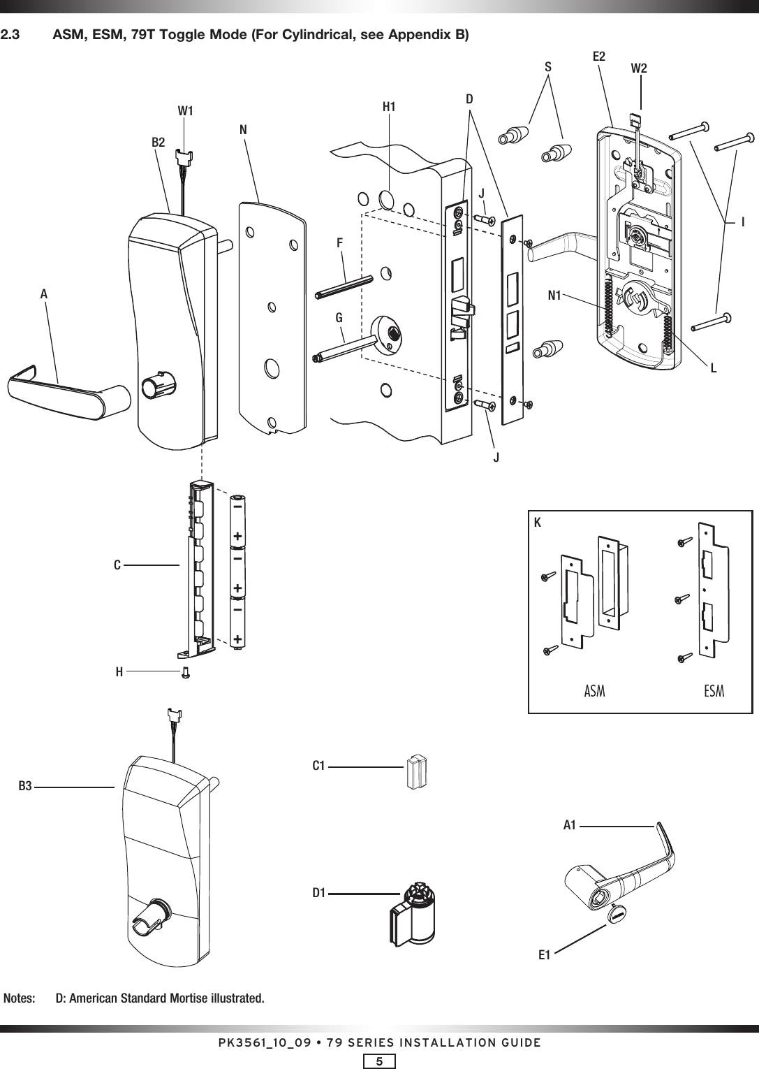 PK3561_10_09 • 79 SERIES INSTALLATION GUIDE5Notes:  D: American Standard Mortise illustrated.ACHB2W1W2N1H1NFDSGJJLIE2KB3D1C1A1E12.3    ASM, ESM, 79T Toggle Mode (For Cylindrical, see Appendix B)