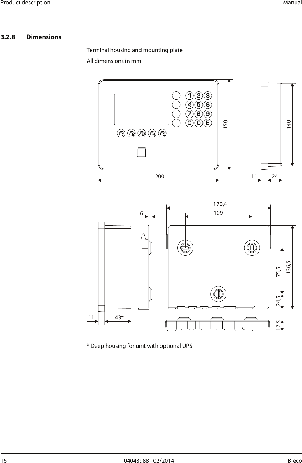 Product description  Manual 16  04043988 - 02/2014  B-eco   3.2.8 Dimensions Terminal housing and mounting plate All dimensions in mm.  200 11112443*15014075,5136,5109170,4617,5 24,5  * Deep housing for unit with optional UPS 