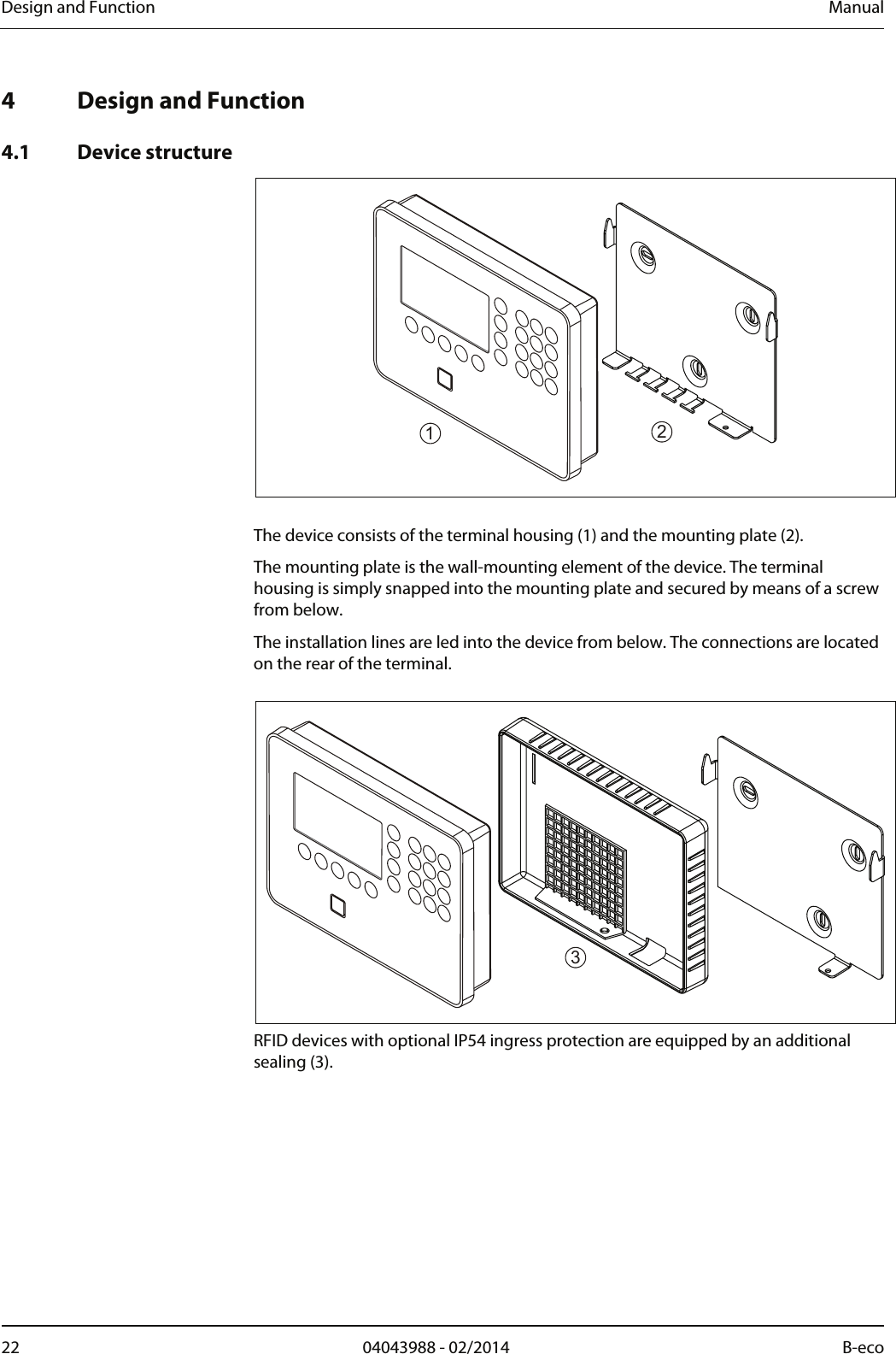 Design and Function  Manual 22  04043988 - 02/2014  B-eco   4 Design and Function  4.1 Device structure   12  The device consists of the terminal housing (1) and the mounting plate (2). The mounting plate is the wall-mounting element of the device. The terminal housing is simply snapped into the mounting plate and secured by means of a screw from below. The installation lines are led into the device from below. The connections are located on the rear of the terminal.  3 RFID devices with optional IP54 ingress protection are equipped by an additional sealing (3). 