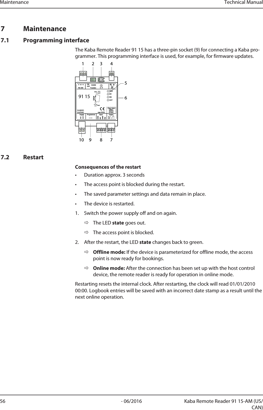 Maintenance Technical Manual56 - 06/2016 Kaba Remote Reader 91 15-AM (US/CAN)7 Maintenance7.1 Programming interfaceThe Kaba Remote Reader 91 15 has a three-pin socket (9) for connecting a Kaba pro-grammer. This programming interface is used, for example, for firmware updates.0123456789ABC91 15StateIN1IN2OUTGNDAC-AC+BACGNDIN1IN221PushClickDIN-RailASA+OUTOutputAnt.Function 0 - F123456ONOFFRS-485InputProgrammerSupply10-34VDC12-27VAC 34VDCClass IIRelay Output27VACmax 5VDC1 2 3 456789107.2 RestartConsequences of the restart• Duration approx. 3 seconds• The access point is blocked during the restart.• The saved parameter settings and data remain in place.• The device is restarted.1. Switch the power supply off and on again.ðThe LED state goes out.ðThe access point is blocked.2. After the restart, the LED state changes back to green.ðOffline mode: If the device is parameterized for offline mode, the accesspoint is now ready for bookings.ðOnline mode: After the connection has been set up with the host controldevice, the remote reader is ready for operation in online mode.Restarting resets the internal clock. After restarting, the clock will read 01/01/201000:00. Logbook entries will be saved with an incorrect date stamp as a result until thenext online operation.