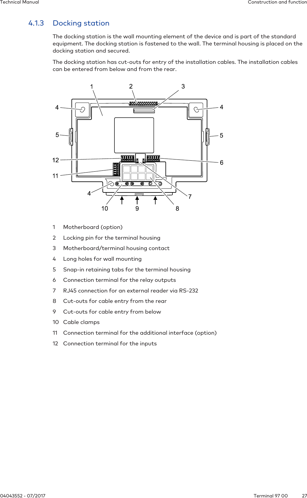 Construction and functionTechnical Manual2704043552 - 07/2017 Terminal 97 004.1.3 Docking stationThe docking station is the wall mounting element of the device and is part of the standardequipment. The docking station is fastened to the wall. The terminal housing is placed on thedocking station and secured.The docking station has cut-outs for entry of the installation cables. The installation cablescan be entered from below and from the rear.1 Motherboard (option)2 Locking pin for the terminal housing3 Motherboard/terminal housing contact4 Long holes for wall mounting5 Snap-in retaining tabs for the terminal housing6 Connection terminal for the relay outputs7 RJ45 connection for an external reader via RS-2328 Cut-outs for cable entry from the rear9 Cut-outs for cable entry from below10 Cable clamps11 Connection terminal for the additional interface (option)12 Connection terminal for the inputs