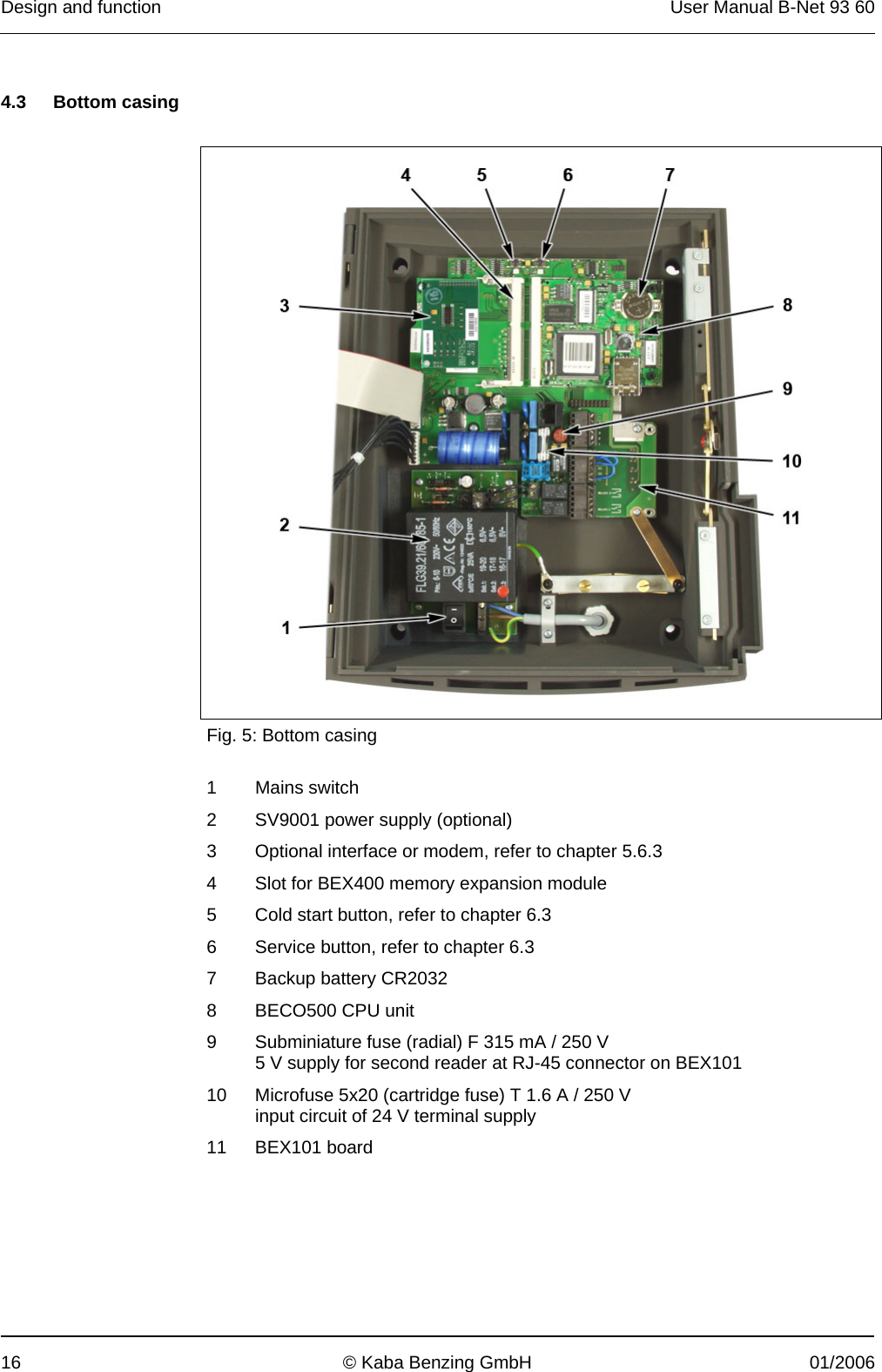 Design and function  User Manual B-Net 93 60 16  © Kaba Benzing GmbH  01/2006   4.3 Bottom casing    Fig. 5: Bottom casing  1 Mains switch 2  SV9001 power supply (optional) 3  Optional interface or modem, refer to chapter 5.6.3 4  Slot for BEX400 memory expansion module 5  Cold start button, refer to chapter 6.3 6  Service button, refer to chapter 6.3 7  Backup battery CR2032 8  BECO500 CPU unit 9  Subminiature fuse (radial) F 315 mA / 250 V 5 V supply for second reader at RJ-45 connector on BEX101 10  Microfuse 5x20 (cartridge fuse) T 1.6 A / 250 V input circuit of 24 V terminal supply 11 BEX101 board   