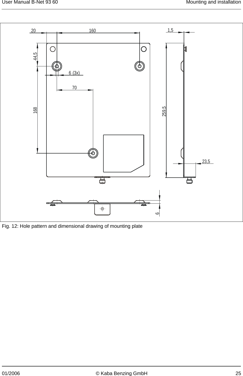 User Manual B-Net 93 60   Mounting and installation  01/2006  © Kaba Benzing GmbH  25     23,5259,51,5620 16044,51686 (3x)70 Fig. 12: Hole pattern and dimensional drawing of mounting plate 
