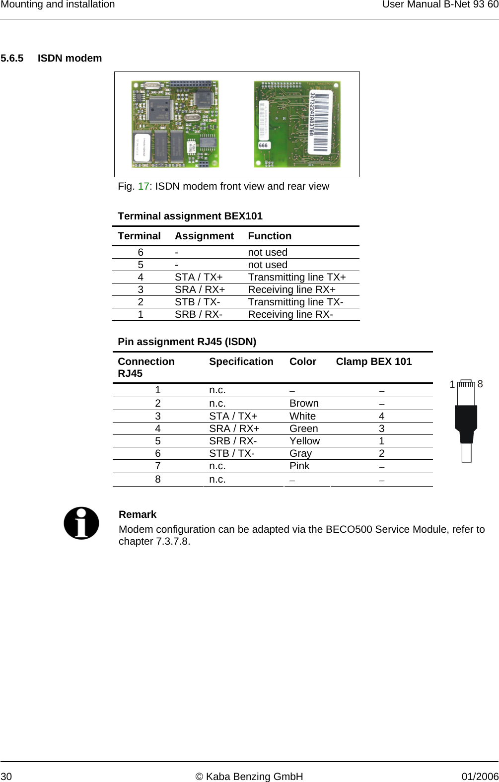 Mounting and installation  User Manual B-Net 93 60 30  © Kaba Benzing GmbH  01/2006   5.6.5 ISDN modem     Fig. 17: ISDN modem front view and rear view  Terminal assignment BEX101 Terminal Assignment Function 6 -  not used 5 -  not used 4  STA / TX+  Transmitting line TX+ 3  SRA / RX+  Receiving line RX+ 2  STB / TX-  Transmitting line TX- 1  SRB / RX-  Receiving line RX-  Pin assignment RJ45 (ISDN) Connection RJ45  Specification  Color  Clamp BEX 101 1 n.c.  − − 2 n.c.  Brown  − 3  STA / TX+  White  4 4  SRA / RX+  Green  3 5  SRB / RX-  Yellow  1 6  STB / TX-  Gray  2 7 n.c.  Pink  − 8 n.c.  − −  18    Remark Modem configuration can be adapted via the BECO500 Service Module, refer to chapter 7.3.7.8.  