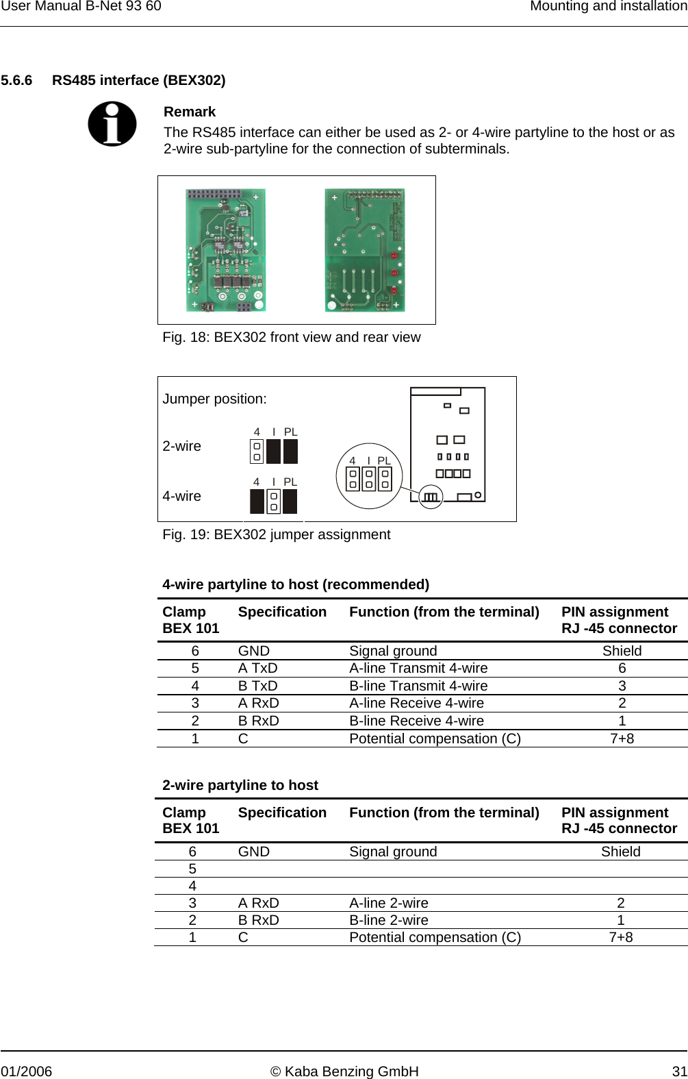 User Manual B-Net 93 60   Mounting and installation  01/2006  © Kaba Benzing GmbH  31   5.6.6  RS485 interface (BEX302)    Remark The RS485 interface can either be used as 2- or 4-wire partyline to the host or as  2-wire sub-partyline for the connection of subterminals.       Fig. 18: BEX302 front view and rear view   Jumper position: 2-wire 4PLI4-wire 4PLI4PLI Fig. 19: BEX302 jumper assignment  4-wire partyline to host (recommended) Clamp BEX 101  Specification Function (from the terminal)  PIN assignment RJ -45 connector 6 GND  Signal ground  Shield 5  A TxD  A-line Transmit 4-wire  6 4  B TxD  B-line Transmit 4-wire  3 3  A RxD  A-line Receive 4-wire  2 2  B RxD  B-line Receive 4-wire  1 1  C  Potential compensation (C)  7+8  2-wire partyline to host Clamp BEX 101  Specification Function (from the terminal)  PIN assignment RJ -45 connector 6 GND  Signal ground  Shield 5      4      3  A RxD  A-line 2-wire  2 2  B RxD  B-line 2-wire  1 1  C  Potential compensation (C)  7+8  