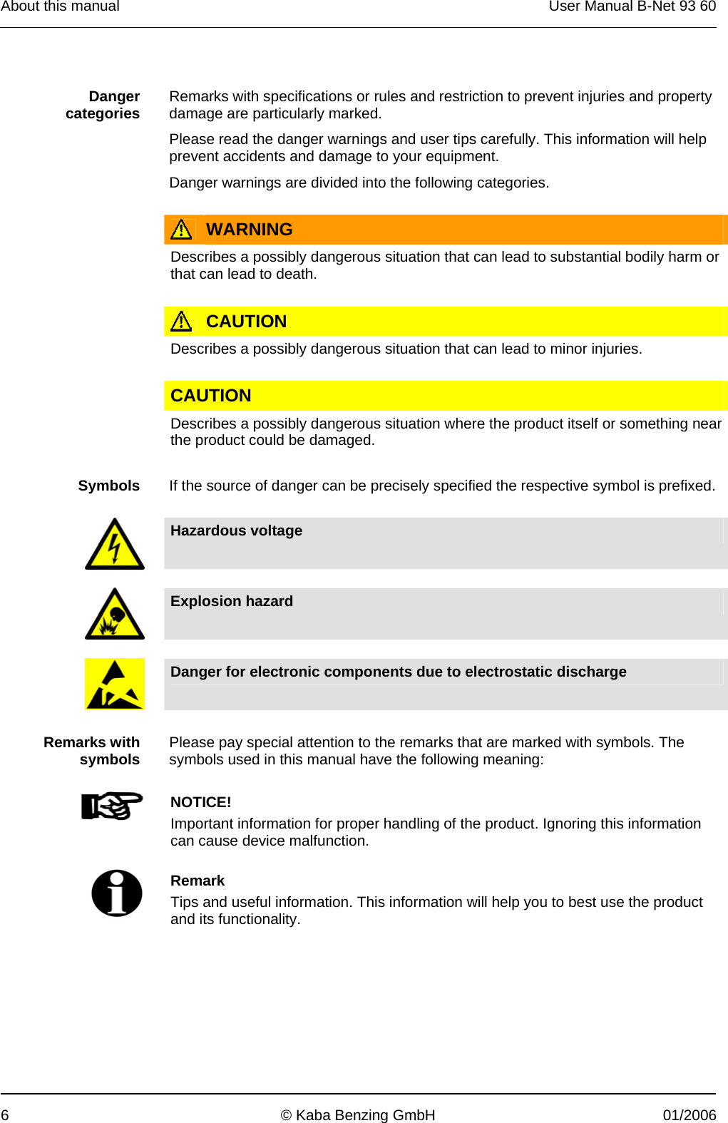 About this manual  User Manual B-Net 93 60 6  © Kaba Benzing GmbH  01/2006    Danger categories  Remarks with specifications or rules and restriction to prevent injuries and property damage are particularly marked. Please read the danger warnings and user tips carefully. This information will help prevent accidents and damage to your equipment. Danger warnings are divided into the following categories.      WARNING  Describes a possibly dangerous situation that can lead to substantial bodily harm or that can lead to death.      CAUTION  Describes a possibly dangerous situation that can lead to minor injuries.     CAUTION  Describes a possibly dangerous situation where the product itself or something near the product could be damaged.    Symbols  If the source of danger can be precisely specified the respective symbol is prefixed.     Hazardous voltage     Explosion hazard     Danger for electronic components due to electrostatic discharge    Remarks with symbols  Please pay special attention to the remarks that are marked with symbols. The symbols used in this manual have the following meaning:   NOTICE! Important information for proper handling of the product. Ignoring this information can cause device malfunction.    Remark Tips and useful information. This information will help you to best use the product and its functionality.  