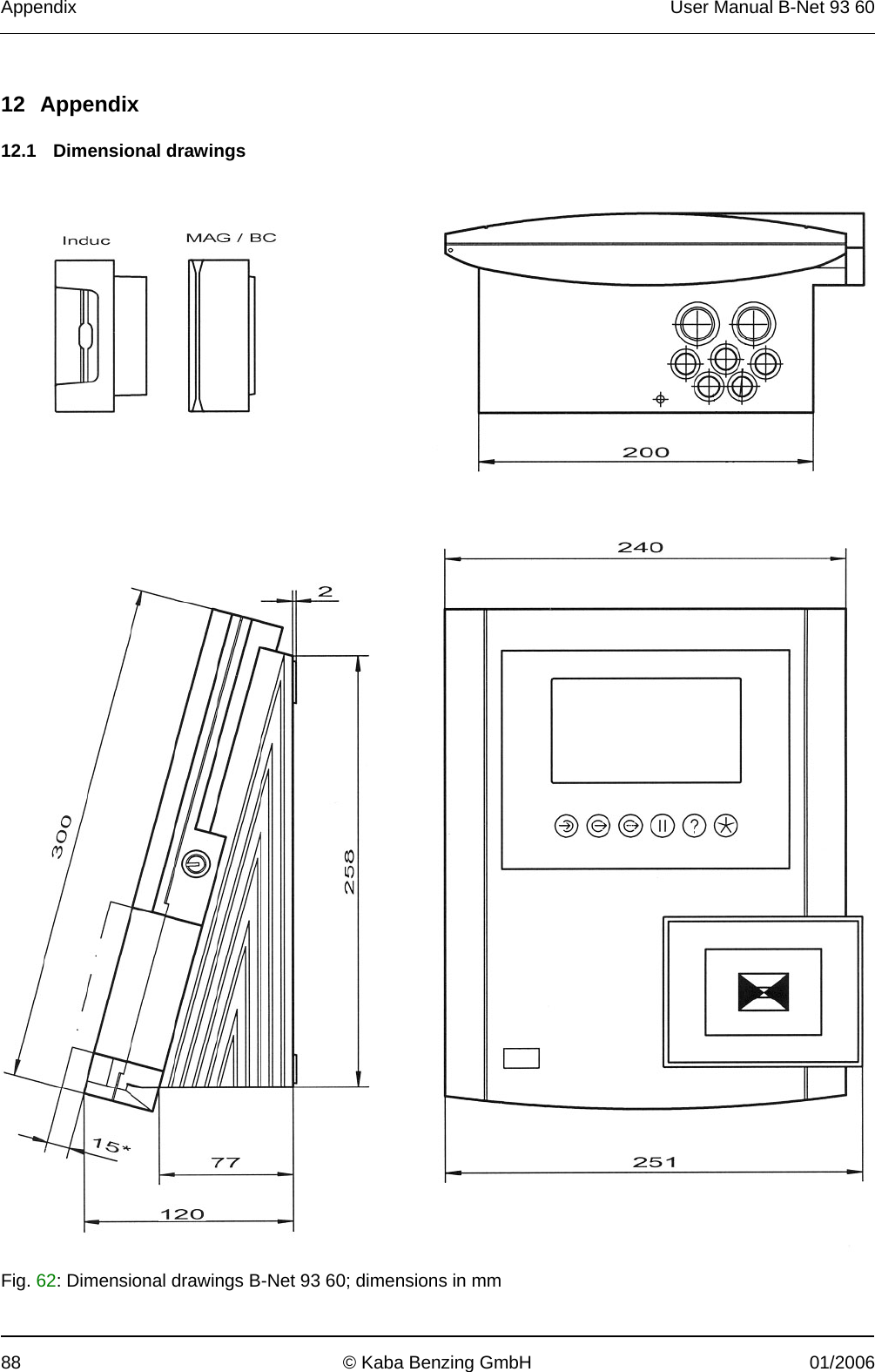 Appendix  User Manual B-Net 93 60 88  © Kaba Benzing GmbH  01/2006   12 Appendix  12.1 Dimensional drawings      Fig. 62: Dimensional drawings B-Net 93 60; dimensions in mm 