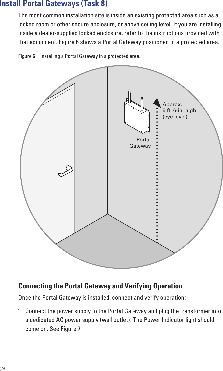 24Install Portal Gateways (Task 8)The most common installation site is inside an existing protected area such as a locked room or other secure enclosure, or above ceiling level. If you are installing inside a dealer-supplied locked enclosure, refer to the instructions provided with that equipment. Figure 6 shows a Portal Gateway positioned in a protected area.Figure 6  Installing a Portal Gateway in a protected area.Connecting the Portal Gateway and Verifying OperationOnce the Portal Gateway is installed, connect and verify operation:1  Connect the power supply to the Portal Gateway and plug the transformer into a dedicated AC power supply (wall outlet). The Power Indicator light should come on. See Figure 7.Approx. 5 ft. 6-in. high(eye level)PortalGateway