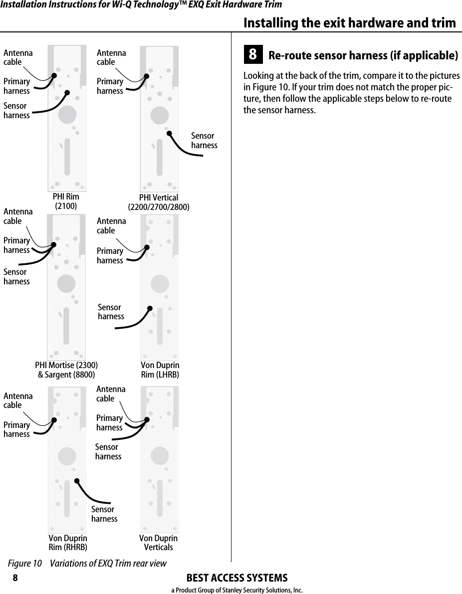 Installation Instructions for Wi-Q Technology™ EXQ Exit Hardware TrimBEST ACCESS SYSTEMSa Product Group of Stanley Security Solutions, Inc.8Installing the exit hardware and trim8Re-route sensor harness (if applicable)Looking at the back of the trim, compare it to the pictures in Figure 10. If your trim does not match the proper pic-ture, then follow the applicable steps below to re-route the sensor harness. Figure 10 Variations of EXQ Trim rear viewPHI Rim(2100) PHI Vertical(2200/2700/2800)PHI Mortise (2300) &amp; Sargent (8800)Von DuprinRim (LHRB)Von DuprinRim (RHRB)Von DuprinVerticalsAntenna cablePrimaryharnessSensorharnessAntenna cablePrimaryharnessSensorharnessAntenna cablePrimaryharnessSensorharnessAntenna cablePrimaryharnessSensorharnessAntenna cablePrimaryharnessSensorharnessAntenna cablePrimaryharnessSensorharnessInstallation Instructions for Wi-Q Technology™ EXQ Exit Hardware TrimBEST ACCESS SYSTEMSa Product Group of Stanley Security Solutions, Inc.9Installation Instructions for Wi-Q Technology™ EXQ Exit Hardware TrimInstalling the exit hardware and trim1  Carefully peel the black gasket off of the back of the trim. Set it aside to be re-applied later.2  Remove the backplate from the trim by removing the four screws that attach it.  3  While the gasket and backplate are removed, change the handing of the trim if necessary.Do so by removing the four threaded guide pins and retaining ring as shown in Figure 11, pulling out and flipping the lever 180 degrees, and then reassembling.For Precision 2100 devices4  Re-route the sensor harness out through the alternate wire-routing hole as shown in Figure 12.5  Reattach the backplate ensuring that the springs are properly seated and wires are not pinched.6  Reapply the gasket. Figure 11 Changing the hand of the trim (if needed)Retaining ringGuide pinsLeverYoke finger Figure 12 Re-routing the sensor harness for Precision 2100 exit devicesRoute sensor harness hereBackplateSensor harness