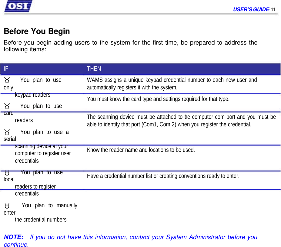     USER’S GUIDE- 11   Before You Begin  Before you begin adding users to the system for the first time, be prepared to address the following items:  IF _   You plan to use only   keypad readers _   You plan to use card   readers _   You plan to use a serial   scanning device at your computer to register user credentials _   You plan to use local   readers to register credentials _   You plan to manually enter   the credential numbers  THEN WAMS assigns a unique keypad credential number to each new user and automatically registers it with the system. You must know the card type and settings required for that type.  The scanning device must be attached to the computer com port and you must be able to identify that port (Com1, Com 2) when you register the credential.   Know the reader name and locations to be used.   Have a credential number list or creating conventions ready to enter.   NOTE:   If you do not have this information, contact your System Administrator before you continue.                                        