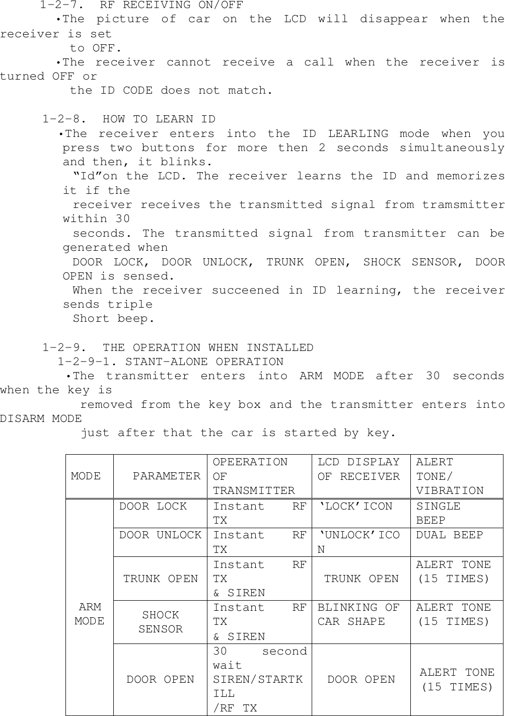   1-2-7.  RF RECEIVING ON/OFF    •The picture of car on the LCD will disappear when thereceiver is set      to OFF.    •The receiver cannot receive a call when the receiver isturned OFF or      the ID CODE does not match.    1-2-8.  HOW TO LEARN ID      •The receiver enters into the ID LEARLING mode when youpress two buttons for more then 2 seconds simultaneouslyand then, it blinks.        “Id”on the LCD. The  receiver learns the ID and  memorizesit if the        receiver receives the transmitted signal from tramsmitterwithin 30        seconds.  The  transmitted  signal  from  transmitter  can  begenerated when        DOOR  LOCK,  DOOR  UNLOCK,  TRUNK  OPEN,  SHOCK  SENSOR,  DOOROPEN is sensed.        When the receiver succeened in ID learning, the  receiversends triple        Short beep.    1-2-9.  THE OPERATION WHEN INSTALLED      1-2-9-1. STANT-ALONE OPERATION       •The  transmitter  enters  into  ARM  MODE  after  30  secondswhen the key is         removed from the key box and the transmitter enters intoDISARM MODE         just after that the car is started by key.MODE PARAMETEROPEERATIONOFTRANSMITTERLCD DISPLAYOF RECEIVERALERTTONE/VIBRATIONDOOR LOCK Instant  RFTX‘LOCK’ICON SINGLEBEEPDOOR UNLOCK Instant  RFTX‘UNLOCK’ICONDUAL BEEPTRUNK OPENInstant RFTX&amp; SIRENTRUNK OPENALERT TONE(15 TIMES)SHOCKSENSORInstant RFTX&amp; SIRENBLINKING OFCAR SHAPEALERT TONE(15 TIMES)ARMMODEDOOR OPEN30 secondwaitSIREN/STARTKILL/RF TXDOOR OPEN ALERT TONE(15 TIMES)