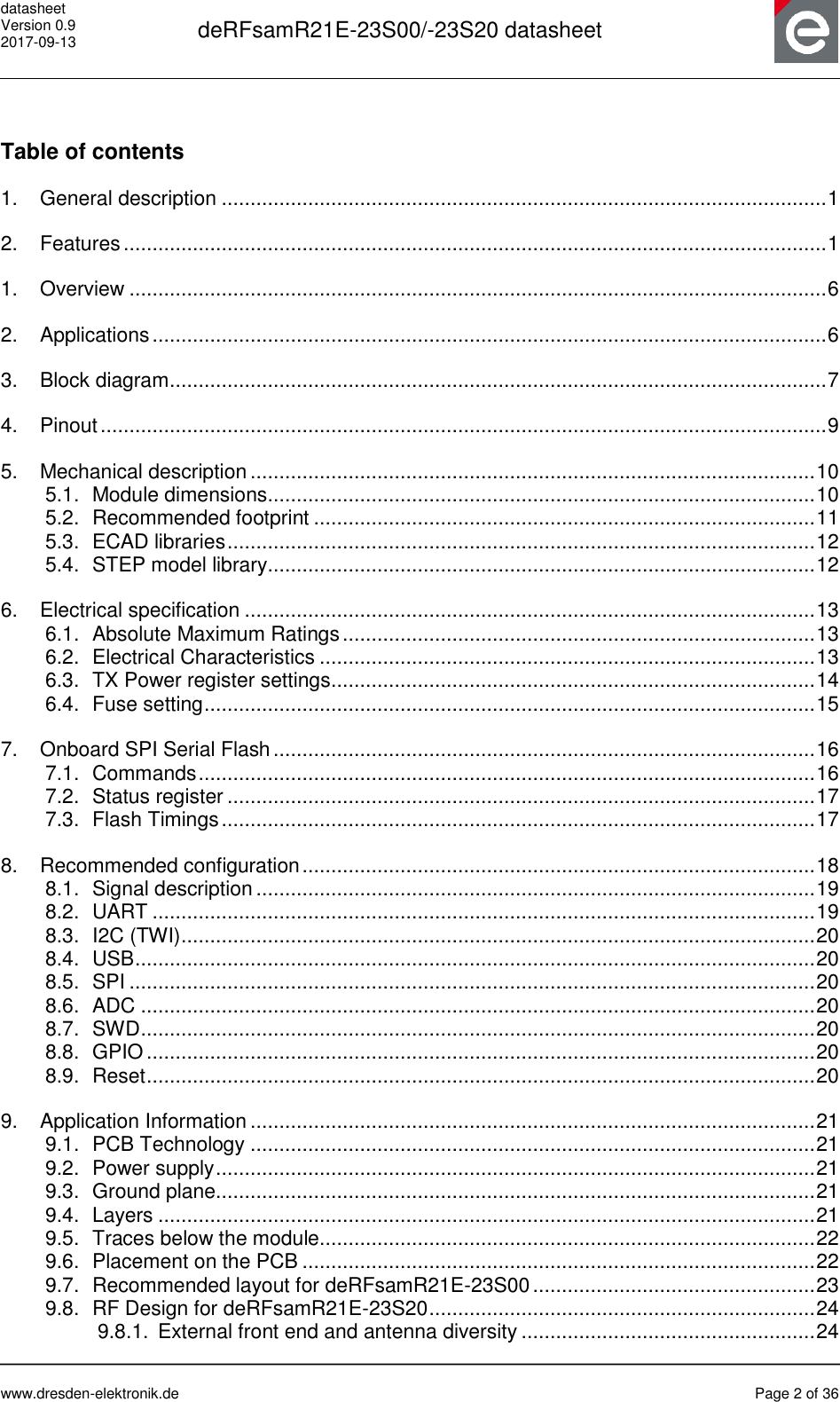 datasheet Version 0.9 2017-09-13  deRFsamR21E-23S00/-23S20 datasheet      www.dresden-elektronik.de  Page 2 of 36   Table of contents 1. General description ......................................................................................................... 1 2. Features .......................................................................................................................... 1 1. Overview ......................................................................................................................... 6 2. Applications ..................................................................................................................... 6 3. Block diagram .................................................................................................................. 7 4. Pinout .............................................................................................................................. 9 5. Mechanical description .................................................................................................. 10 5.1. Module dimensions............................................................................................... 10 5.2. Recommended footprint ....................................................................................... 11 5.3. ECAD libraries ...................................................................................................... 12 5.4. STEP model library............................................................................................... 12 6. Electrical specification ................................................................................................... 13 6.1. Absolute Maximum Ratings .................................................................................. 13 6.2. Electrical Characteristics ...................................................................................... 13 6.3. TX Power register settings .................................................................................... 14 6.4. Fuse setting .......................................................................................................... 15 7. Onboard SPI Serial Flash .............................................................................................. 16 7.1. Commands ........................................................................................................... 16 7.2. Status register ...................................................................................................... 17 7.3. Flash Timings ....................................................................................................... 17 8. Recommended configuration ......................................................................................... 18 8.1. Signal description ................................................................................................. 19 8.2. UART ................................................................................................................... 19 8.3. I2C (TWI) .............................................................................................................. 20 8.4. USB ...................................................................................................................... 20 8.5. SPI ....................................................................................................................... 20 8.6. ADC ..................................................................................................................... 20 8.7. SWD ..................................................................................................................... 20 8.8. GPIO .................................................................................................................... 20 8.9. Reset .................................................................................................................... 20 9. Application Information .................................................................................................. 21 9.1. PCB Technology .................................................................................................. 21 9.2. Power supply ........................................................................................................ 21 9.3. Ground plane........................................................................................................ 21 9.4. Layers .................................................................................................................. 21 9.5. Traces below the module...................................................................................... 22 9.6. Placement on the PCB ......................................................................................... 22 9.7. Recommended layout for deRFsamR21E-23S00 ................................................. 23 9.8. RF Design for deRFsamR21E-23S20 ................................................................... 24 9.8.1. External front end and antenna diversity ................................................... 24 