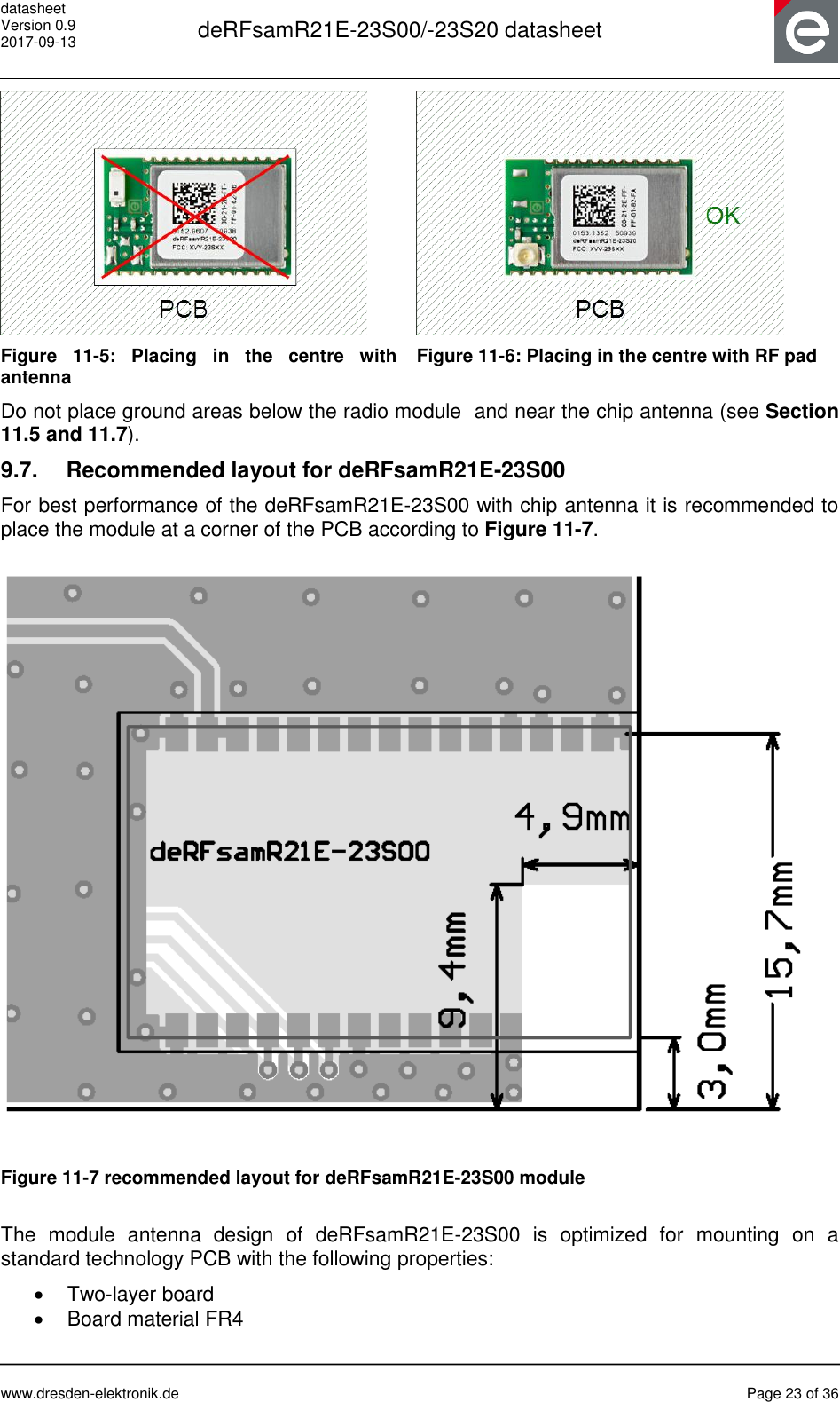 datasheet Version 0.9 2017-09-13  deRFsamR21E-23S00/-23S20 datasheet      www.dresden-elektronik.de  Page 23 of 36   Figure  11-5:  Placing  in  the  centre  with antenna  Figure 11-6: Placing in the centre with RF pad Do not place ground areas below the radio module  and near the chip antenna (see Section 11.5 and 11.7). 9.7.  Recommended layout for deRFsamR21E-23S00 For best performance of the deRFsamR21E-23S00 with chip antenna it is recommended to place the module at a corner of the PCB according to Figure 11-7.   Figure 11-7 recommended layout for deRFsamR21E-23S00 module  The  module  antenna  design  of  deRFsamR21E-23S00  is  optimized  for  mounting  on  a standard technology PCB with the following properties:   Two-layer board    Board material FR4 