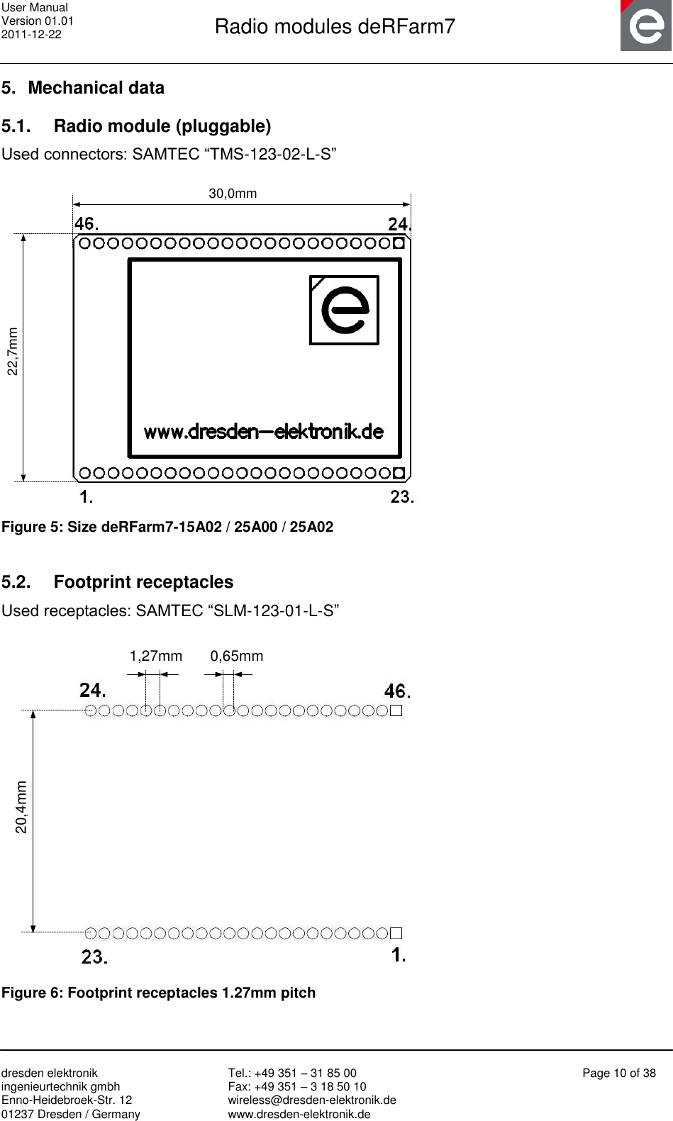 User Manual Version 01.01 2011-12-22       Radio modules deRFarm7       dresden elektronik ingenieurtechnik gmbh Enno-Heidebroek-Str. 12 01237 Dresden / Germany Tel.: +49 351 – 31 85 00 Fax: +49 351 – 3 18 50 10 wireless@dresden-elektronik.de www.dresden-elektronik.de Page 10 of 38  5.  Mechanical data 5.1.  Radio module (pluggable) Used connectors: SAMTEC “TMS-123-02-L-S”  22,7mm30,0mm    Figure 5: Size deRFarm7-15A02 / 25A00 / 25A02  5.2.  Footprint receptacles Used receptacles: SAMTEC “SLM-123-01-L-S”  20,4mm0,65mm1,27mm Figure 6: Footprint receptacles 1.27mm pitch 