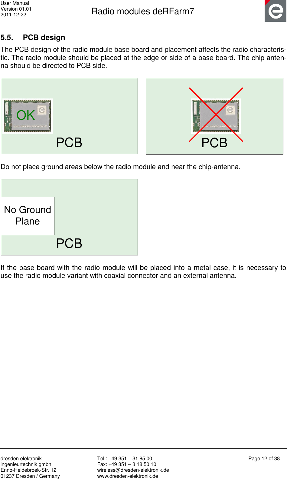 User Manual Version 01.01 2011-12-22       Radio modules deRFarm7       dresden elektronik ingenieurtechnik gmbh Enno-Heidebroek-Str. 12 01237 Dresden / Germany Tel.: +49 351 – 31 85 00 Fax: +49 351 – 3 18 50 10 wireless@dresden-elektronik.de www.dresden-elektronik.de Page 12 of 38  5.5.  PCB design The PCB design of the radio module base board and placement affects the radio characteris-tic. The radio module should be placed at the edge or side of a base board. The chip anten-na should be directed to PCB side.   PCBOK PCB  Do not place ground areas below the radio module and near the chip-antenna.  PCBNo GroundPlane   If the base board with the radio module will be placed into a metal case, it is necessary to use the radio module variant with coaxial connector and an external antenna.      