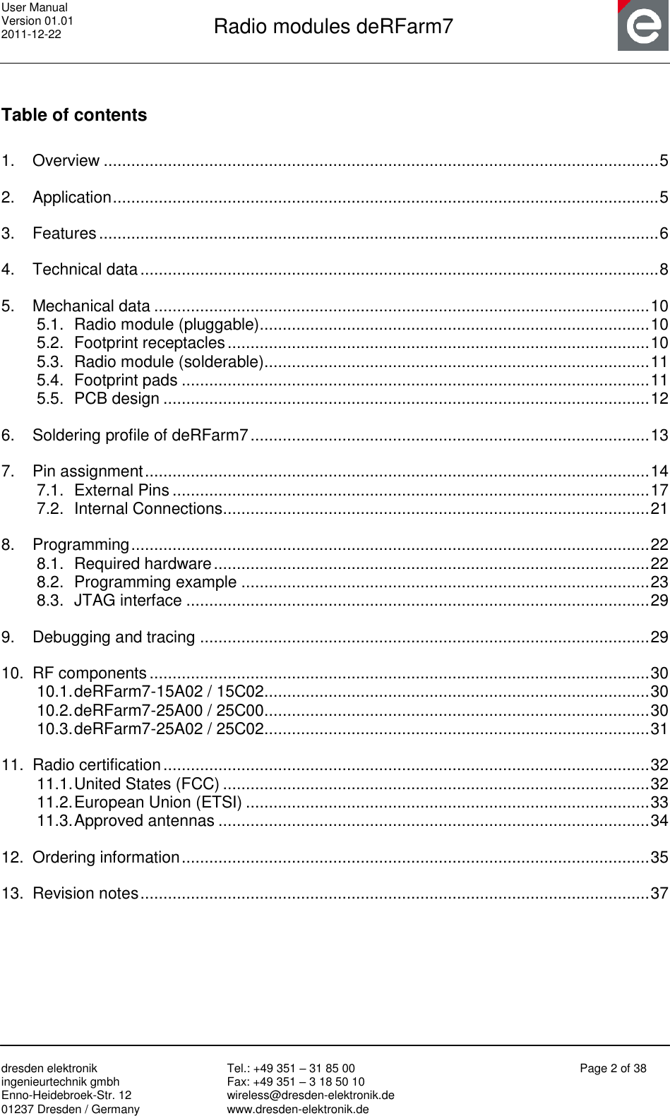 User Manual Version 01.01 2011-12-22       Radio modules deRFarm7       dresden elektronik ingenieurtechnik gmbh Enno-Heidebroek-Str. 12 01237 Dresden / Germany Tel.: +49 351 – 31 85 00 Fax: +49 351 – 3 18 50 10 wireless@dresden-elektronik.de www.dresden-elektronik.de Page 2 of 38  Table of contents 1. Overview ......................................................................................................................... 5 2. Application ....................................................................................................................... 5 3. Features .......................................................................................................................... 6 4. Technical data ................................................................................................................. 8 5. Mechanical data ............................................................................................................ 10 5.1. Radio module (pluggable)..................................................................................... 10 5.2. Footprint receptacles ............................................................................................ 10 5.3. Radio module (solderable).................................................................................... 11 5.4. Footprint pads ...................................................................................................... 11 5.5. PCB design .......................................................................................................... 12 6. Soldering profile of deRFarm7 ....................................................................................... 13 7. Pin assignment .............................................................................................................. 14 7.1. External Pins ........................................................................................................ 17 7.2. Internal Connections ............................................................................................. 21 8. Programming ................................................................................................................. 22 8.1. Required hardware ............................................................................................... 22 8.2. Programming example ......................................................................................... 23 8.3. JTAG interface ..................................................................................................... 29 9. Debugging and tracing .................................................................................................. 29 10. RF components ............................................................................................................. 30 10.1. deRFarm7-15A02 / 15C02 .................................................................................... 30 10.2. deRFarm7-25A00 / 25C00 .................................................................................... 30 10.3. deRFarm7-25A02 / 25C02 .................................................................................... 31 11. Radio certification .......................................................................................................... 32 11.1. United States (FCC) ............................................................................................. 32 11.2. European Union (ETSI) ........................................................................................ 33 11.3. Approved antennas .............................................................................................. 34 12. Ordering information ...................................................................................................... 35 13. Revision notes ............................................................................................................... 37 