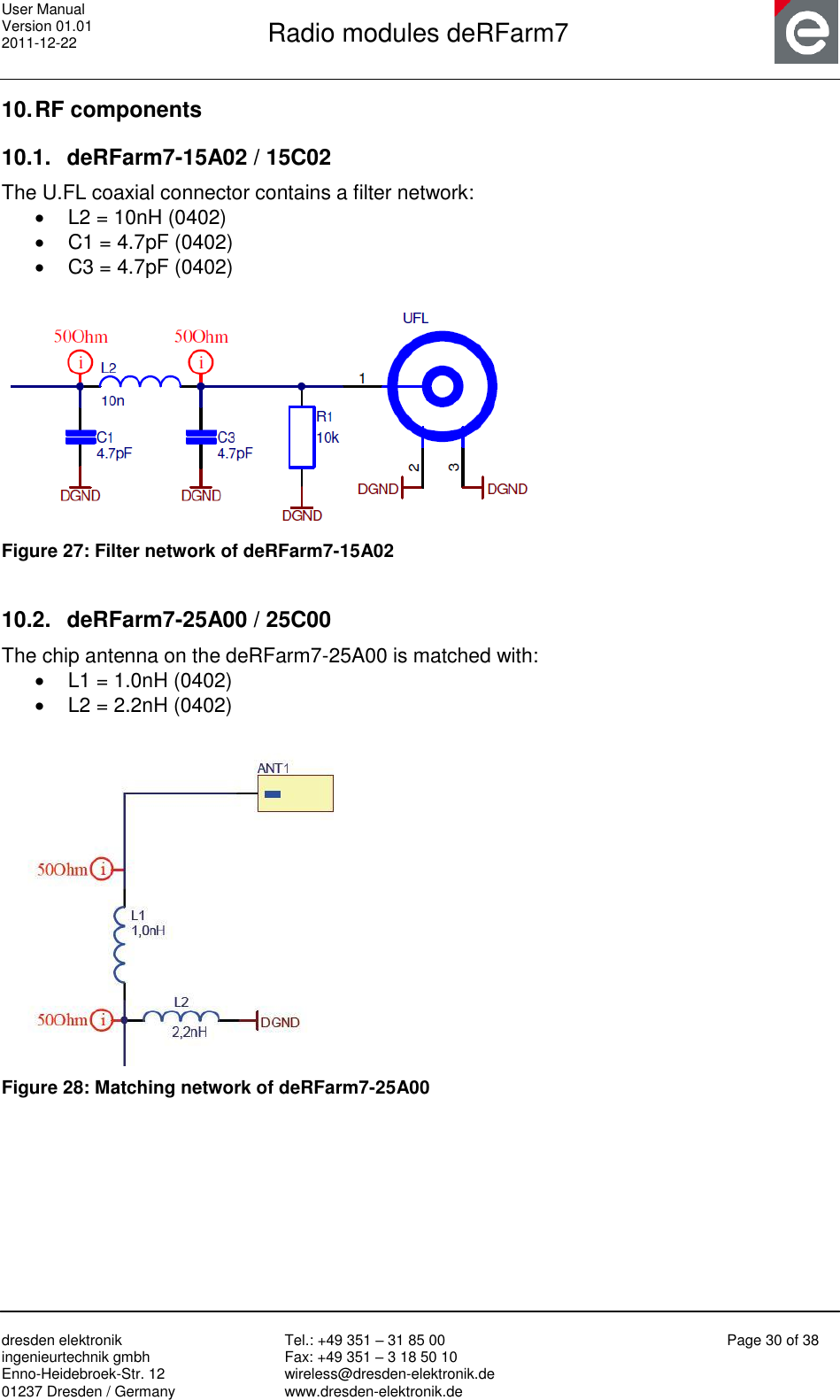 User Manual Version 01.01 2011-12-22       Radio modules deRFarm7       dresden elektronik ingenieurtechnik gmbh Enno-Heidebroek-Str. 12 01237 Dresden / Germany Tel.: +49 351 – 31 85 00 Fax: +49 351 – 3 18 50 10 wireless@dresden-elektronik.de www.dresden-elektronik.de Page 30 of 38  10. RF components 10.1.  deRFarm7-15A02 / 15C02 The U.FL coaxial connector contains a filter network:   L2 = 10nH (0402)   C1 = 4.7pF (0402)   C3 = 4.7pF (0402)   Figure 27: Filter network of deRFarm7-15A02  10.2.  deRFarm7-25A00 / 25C00 The chip antenna on the deRFarm7-25A00 is matched with:   L1 = 1.0nH (0402)   L2 = 2.2nH (0402)   Figure 28: Matching network of deRFarm7-25A00   