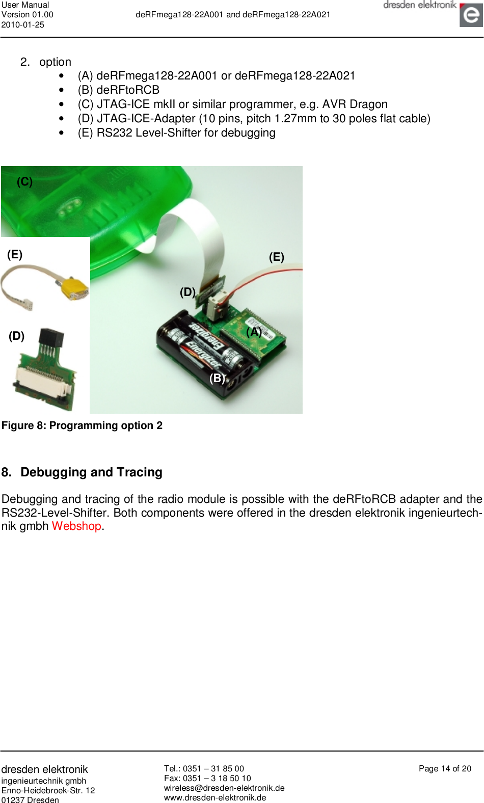 User Manual Version 01.00 2010-01-25  deRFmega128-22A001 and deRFmega128-22A021       dresden elektronik ingenieurtechnik gmbh Enno-Heidebroek-Str. 12 01237 Dresden Tel.: 0351 – 31 85 00 Fax: 0351 – 3 18 50 10 wireless@dresden-elektronik.de www.dresden-elektronik.de Page 14 of 20   2. option •  (A) deRFmega128-22A001 or deRFmega128-22A021 •  (B) deRFtoRCB •  (C) JTAG-ICE mkII or similar programmer, e.g. AVR Dragon •  (D) JTAG-ICE-Adapter (10 pins, pitch 1.27mm to 30 poles flat cable) •  (E) RS232 Level-Shifter for debugging    Figure 8: Programming option 2   8. Debugging and Tracing Debugging and tracing of the radio module is possible with the deRFtoRCB adapter and the RS232-Level-Shifter. Both components were offered in the dresden elektronik ingenieurtech-nik gmbh Webshop.  (A) (B) (C) (D) (D) (E) (E) 